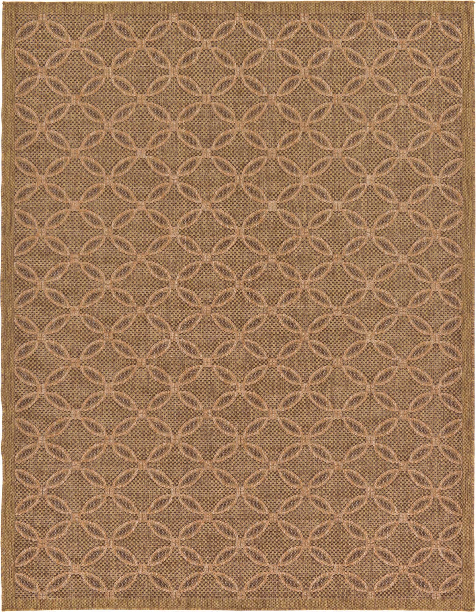 A 7x10 rectangular brown and tan indoor/outdoor rug with a modern trellis pattern, suitable for a patio or living room.