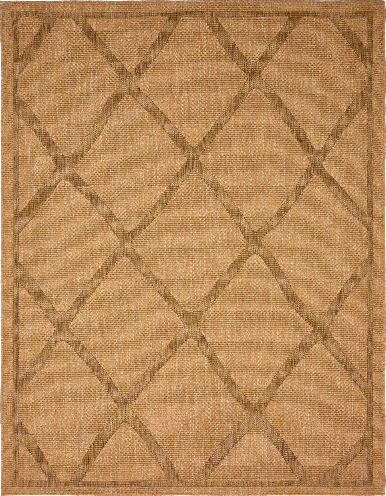 A 6x9 rectangular brown and tan indoor/outdoor rug with a modern trellis pattern, ideal for a patio or living room.