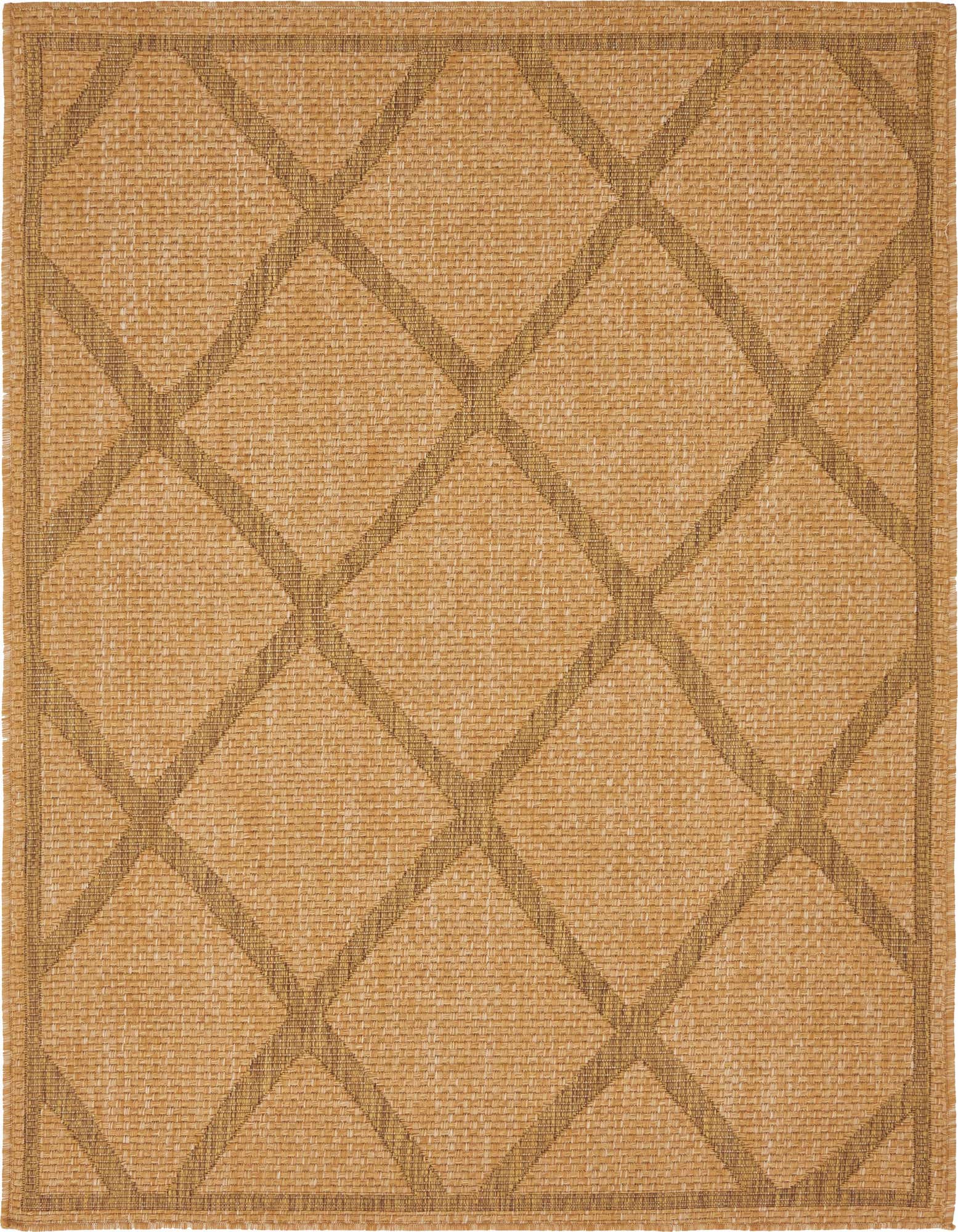 A 4x6 rectangular brown and tan indoor/outdoor rug with a modern trellis pattern, suitable for a patio or living room.