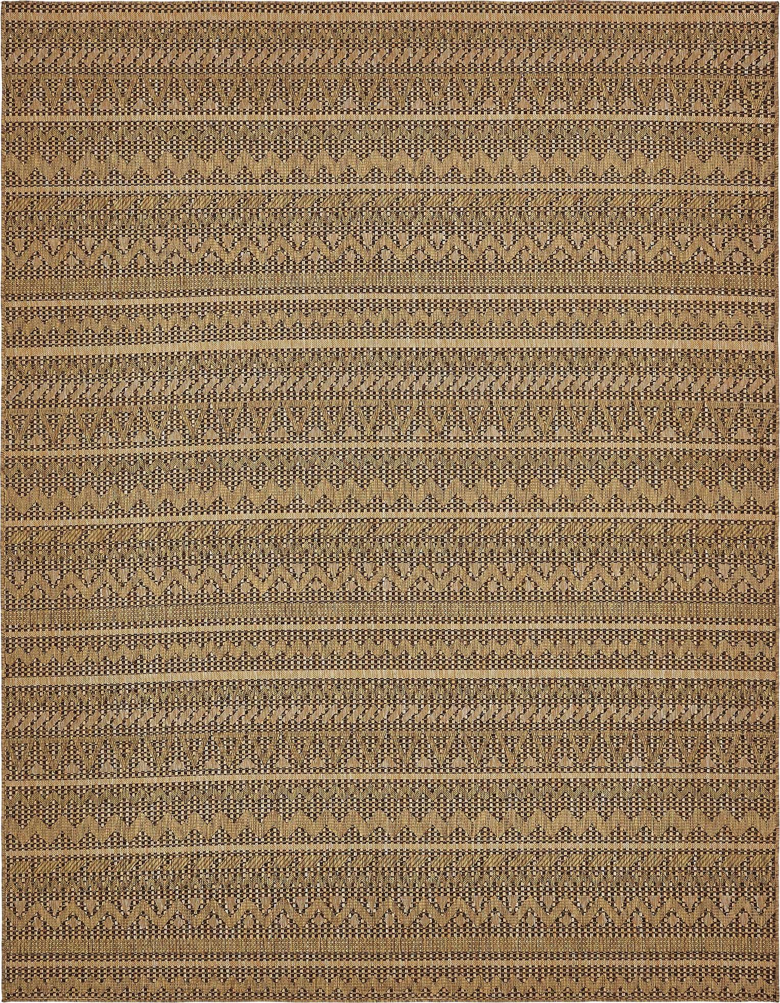 A 9x12 rectangular brown and tan Southwestern flatweave rug with textured stripes and tribal patterns.