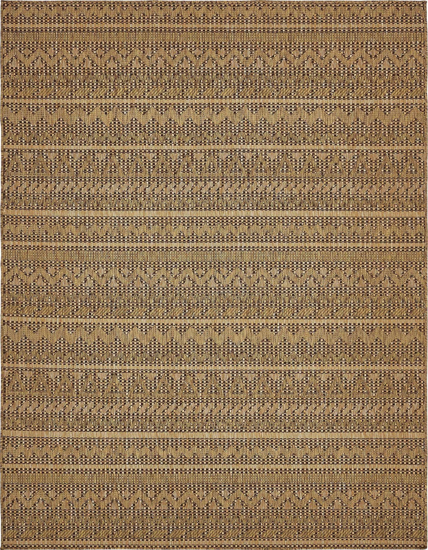 A 7x10 rectangular flatweave rug in shades of brown and tan, featuring a Southwestern-inspired striped pattern with tribal motifs.