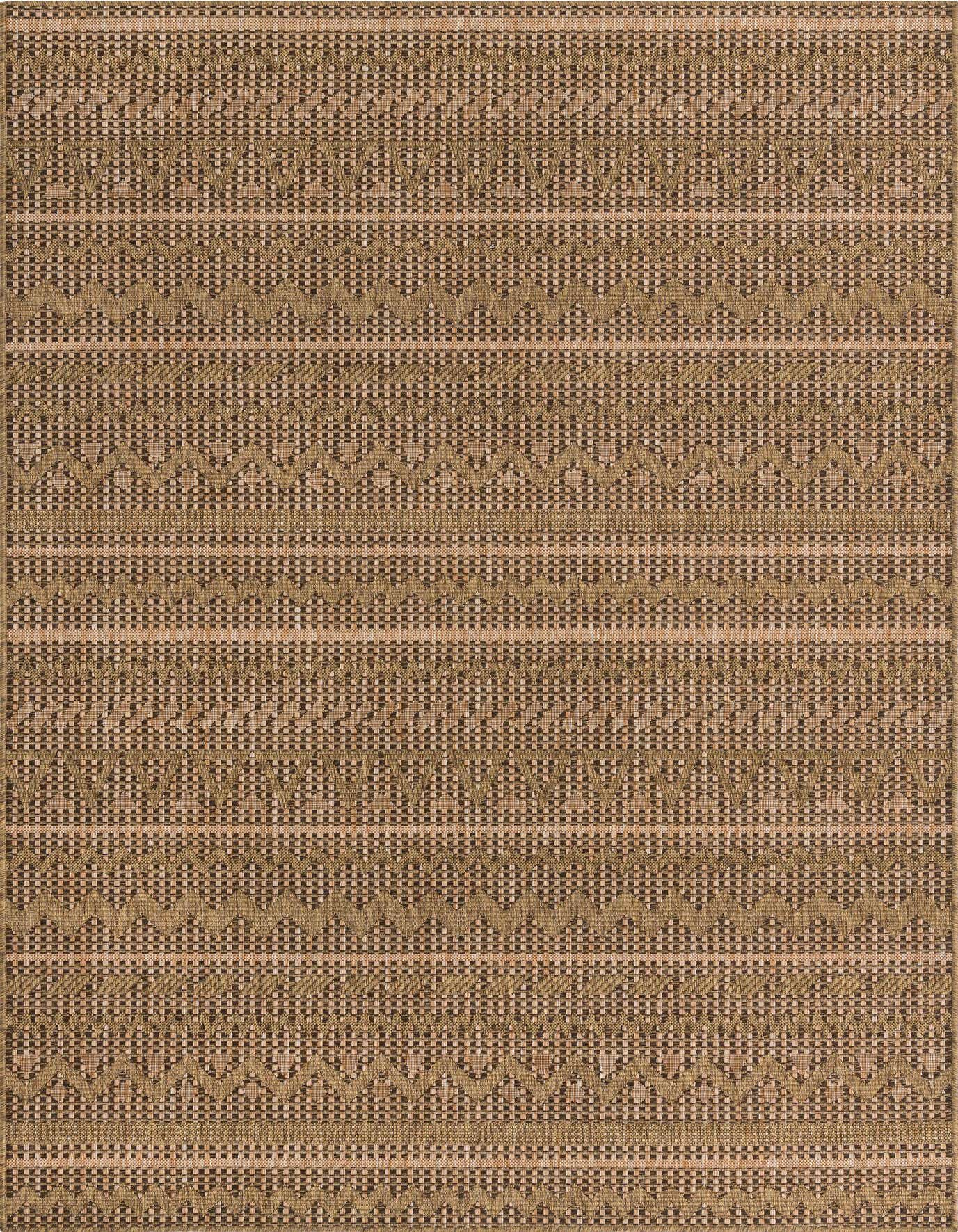 A 6x9 rectangular brown and tan Southwestern flatweave rug with alternating tribal and striped patterns, suitable for indoor or outdoor use.