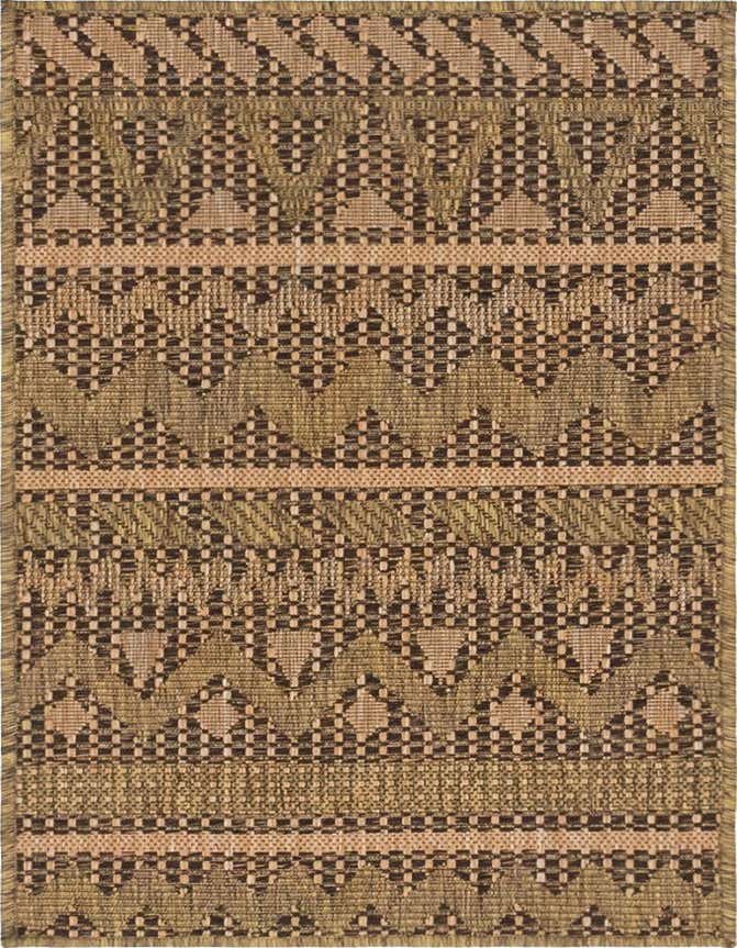 A 2x3 rectangular Rugs.com Outdoor Modern rug featuring brown and tan tribal patterns with geometric stripes, suitable for a patio.