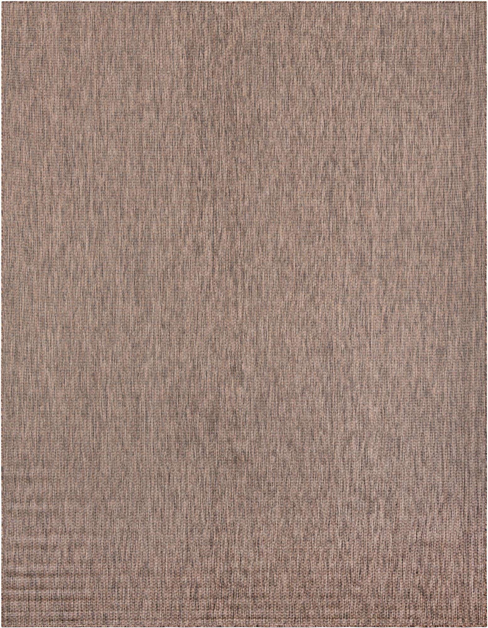 A 10x13 rectangular brown and tan flatweave rug with a subtle textured modern solid pattern, suitable for indoor or outdoor use.