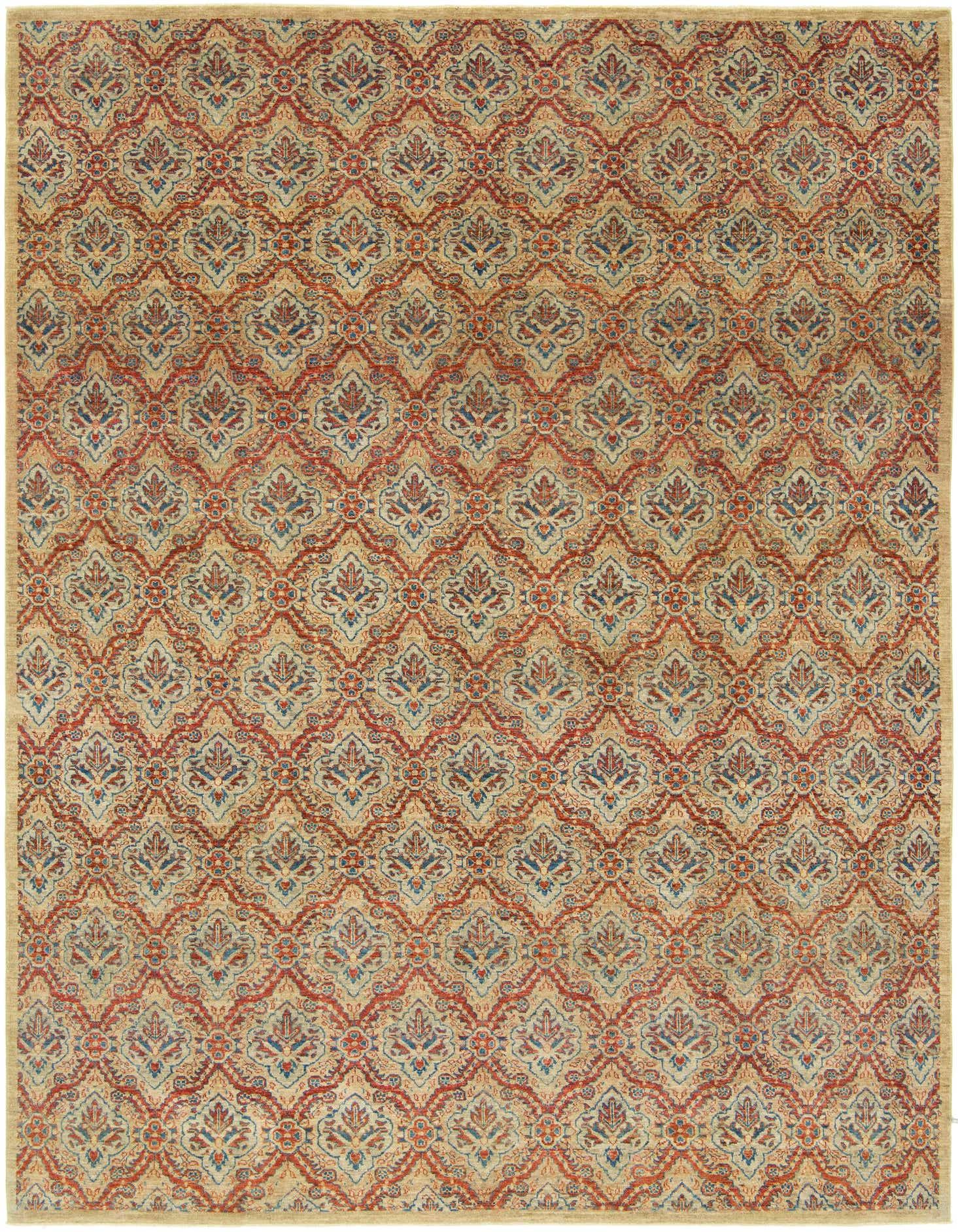 An 8x12 rectangular Peshawar Ziegler rug featuring a traditional tribal pattern in browns, tans, reds, and blues.