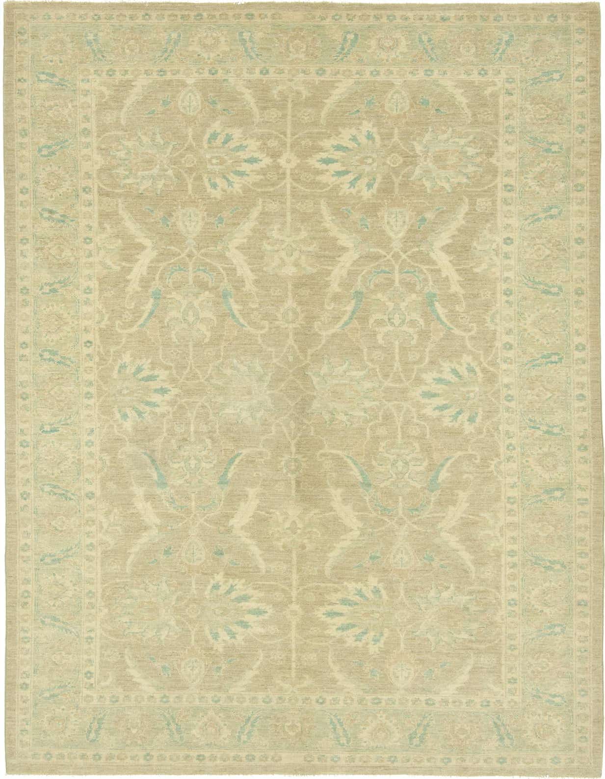 A 6x9 rectangular Peshawar Ziegler rug with a traditional botanical pattern in shades of brown, tan, and light blue.