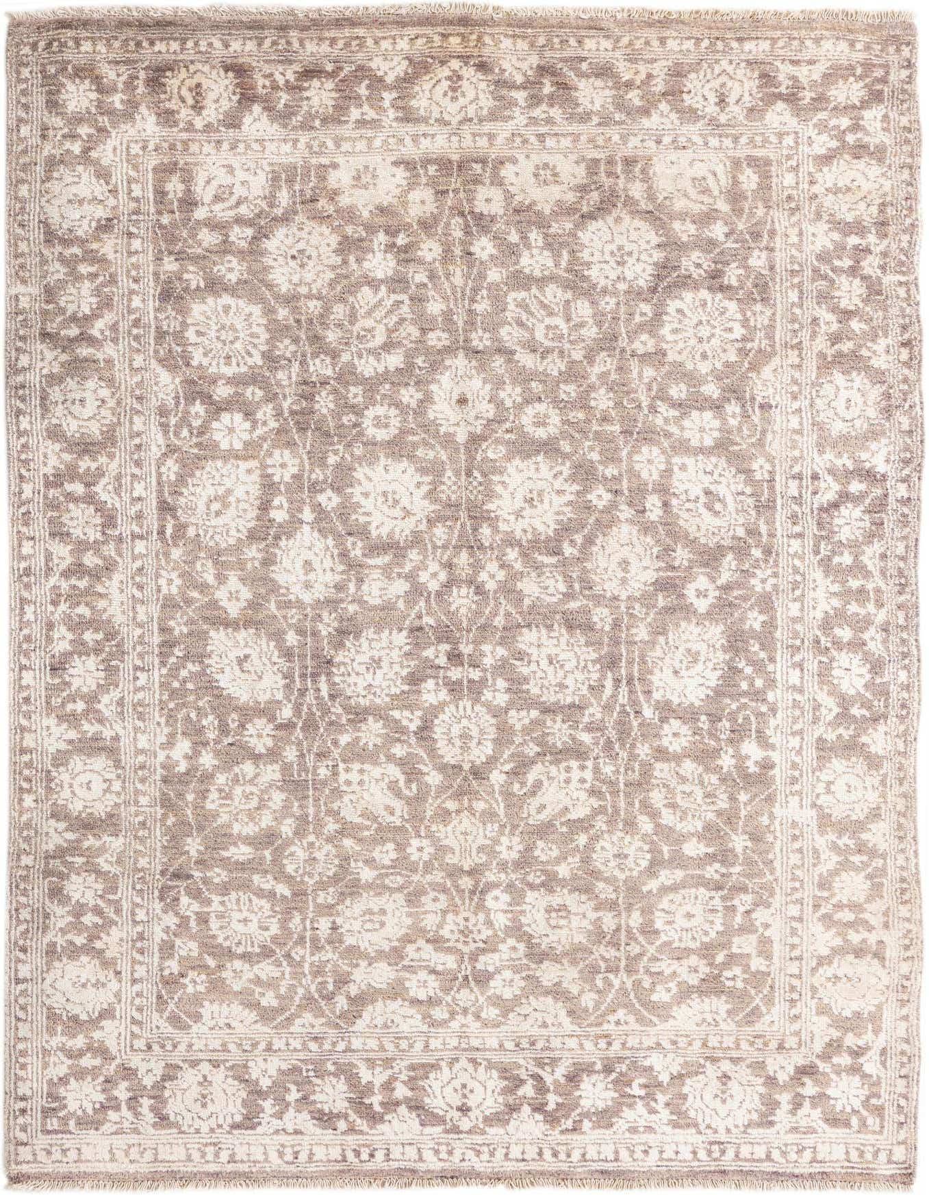 A 5x8 rectangular Peshawar Ziegler rug with a brown and tan oriental floral pattern, handmade from wool and silk.