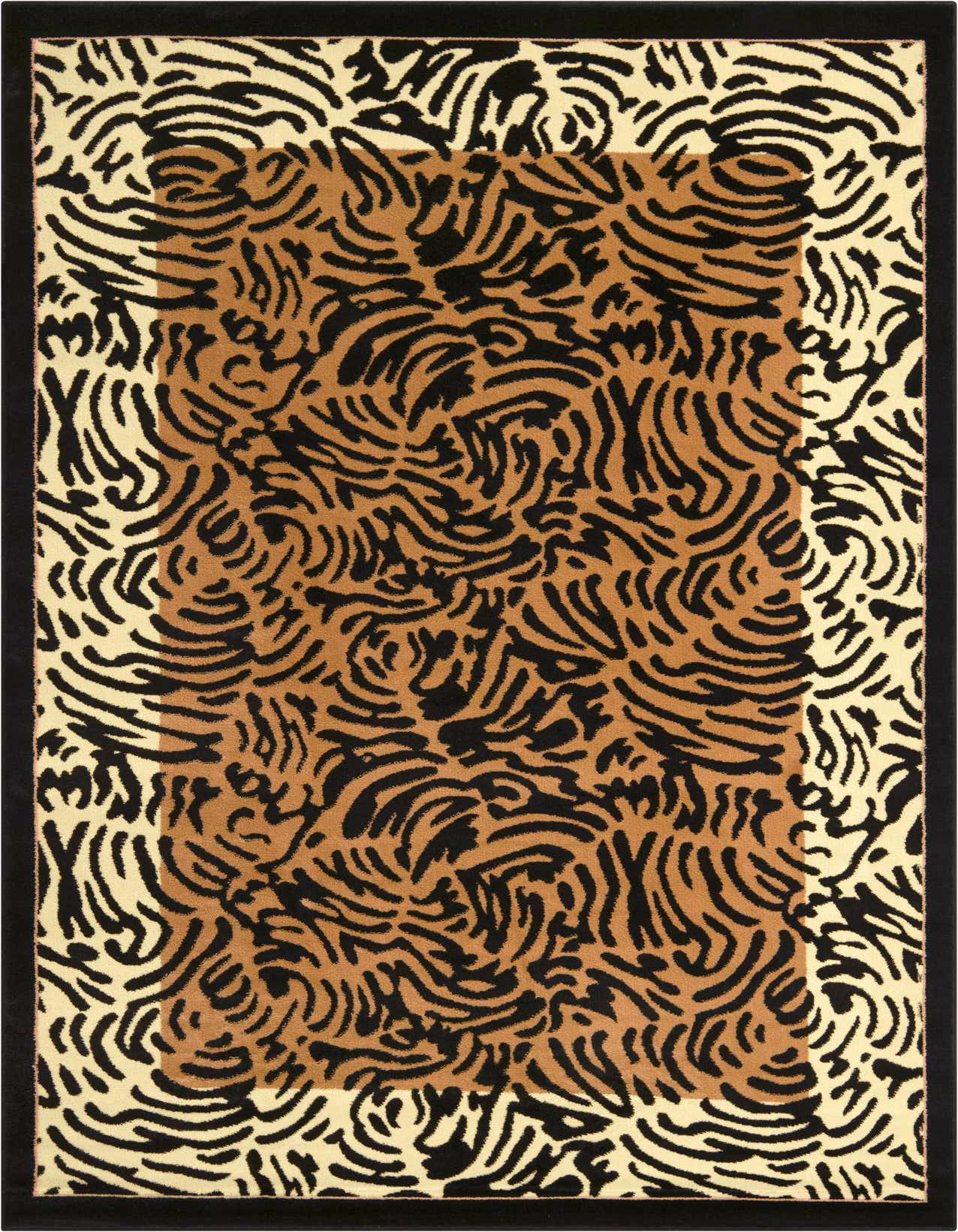 A 6x9 rectangular area rug featuring a bold brown, tan, and black zebra stripe pattern with a solid black border.