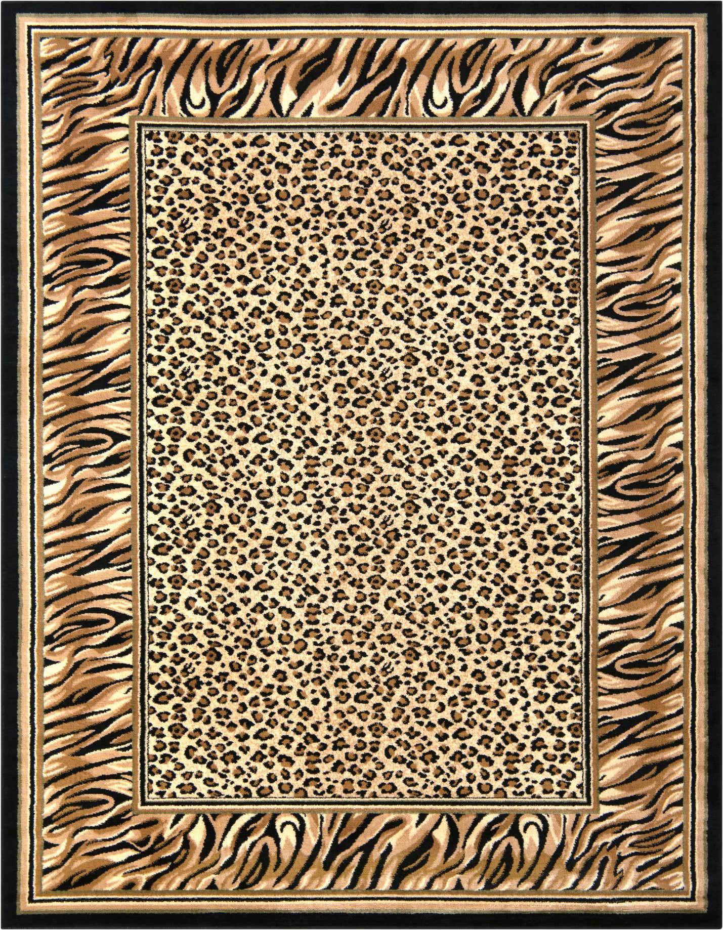A 7x10 rectangular Savannah collection rug featuring a leopard print center with a bold zebra stripe border in browns, tans, and black.