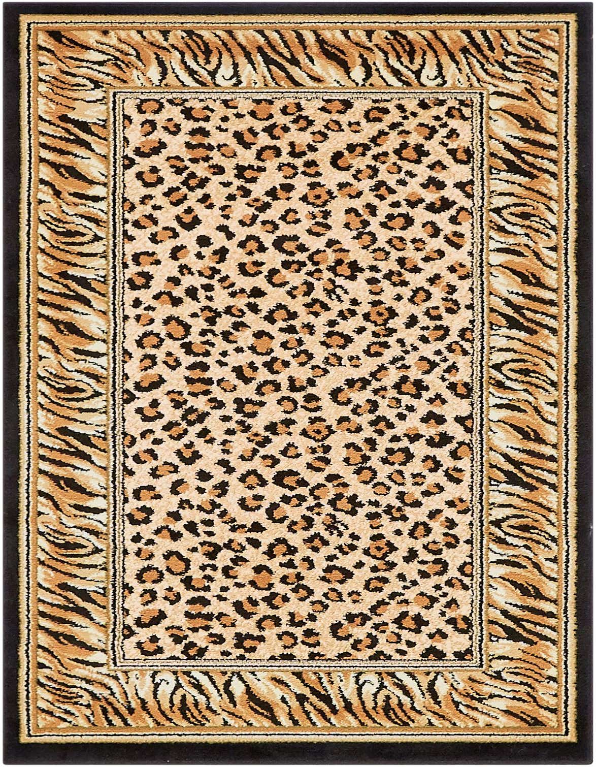A 3x5 rectangular rug featuring a central leopard print pattern in browns and tans, framed by a zebra print border, on a dark background.