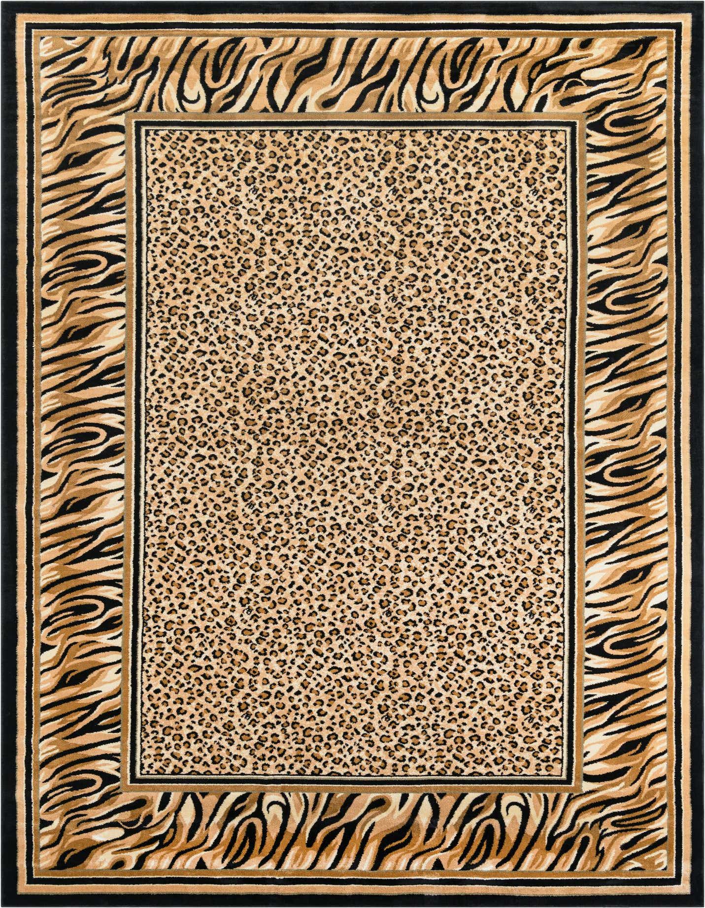 A rectangular 10x14 Savannah Collection rug featuring a central leopard print with a wide tiger stripe border in browns, tans, and black.