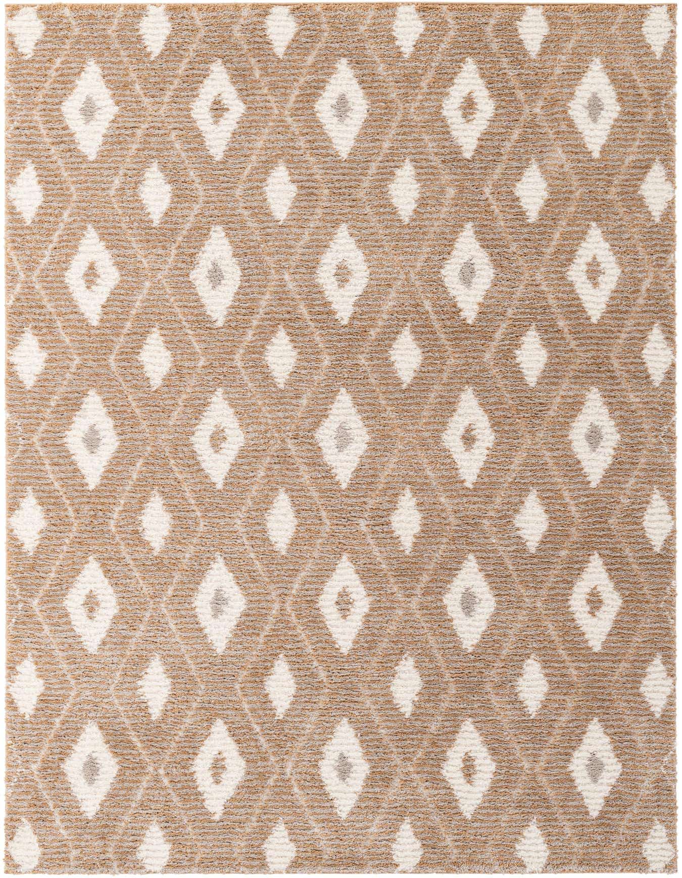 A 5x8 rectangular brown shag rug with a modern diamond pattern in cream and light gray, suitable for a living room or bedroom.