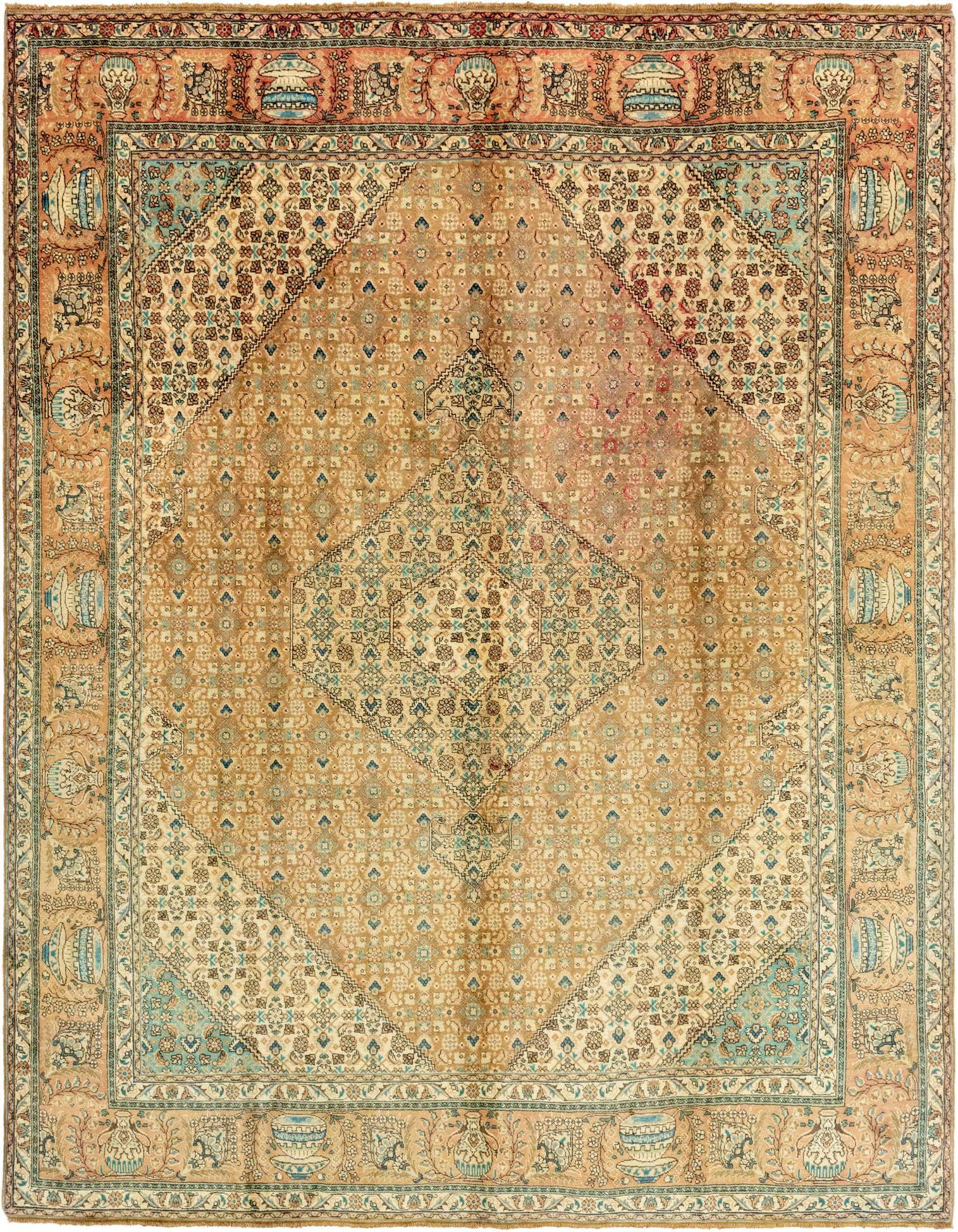 A 10x13 rectangular Tabriz wool rug featuring a traditional Persian medallion pattern in shades of brown, tan, and light blue.