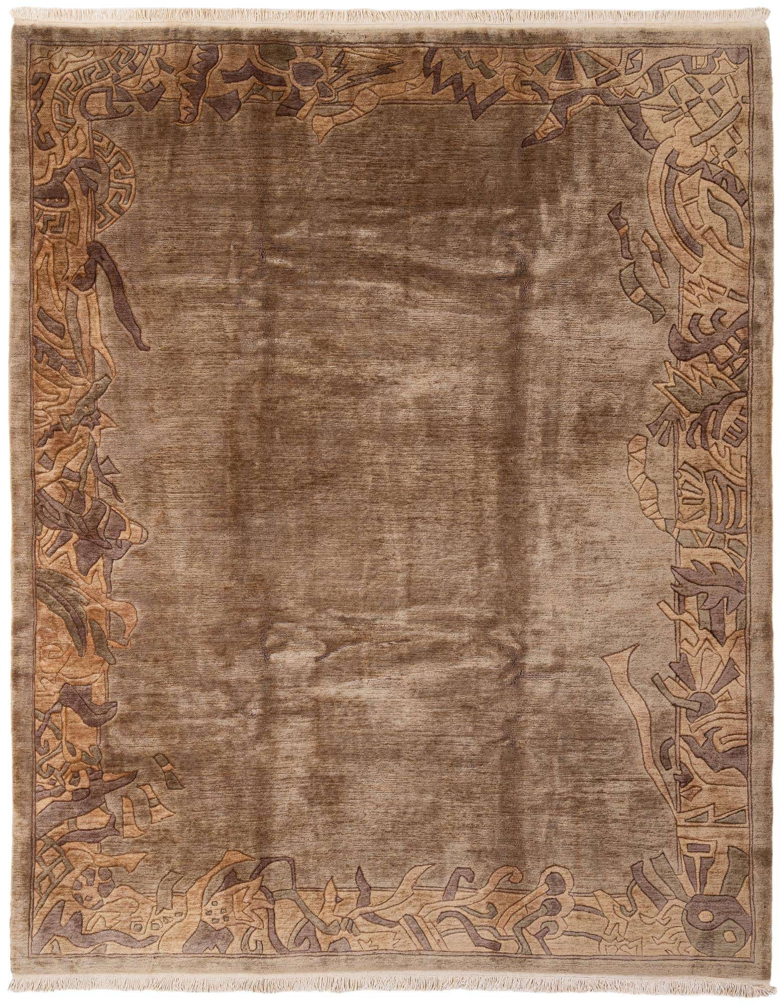 An 8x10 rectangular brown wool area rug with a modern abstract border in tans and browns, ideal for a living room.
