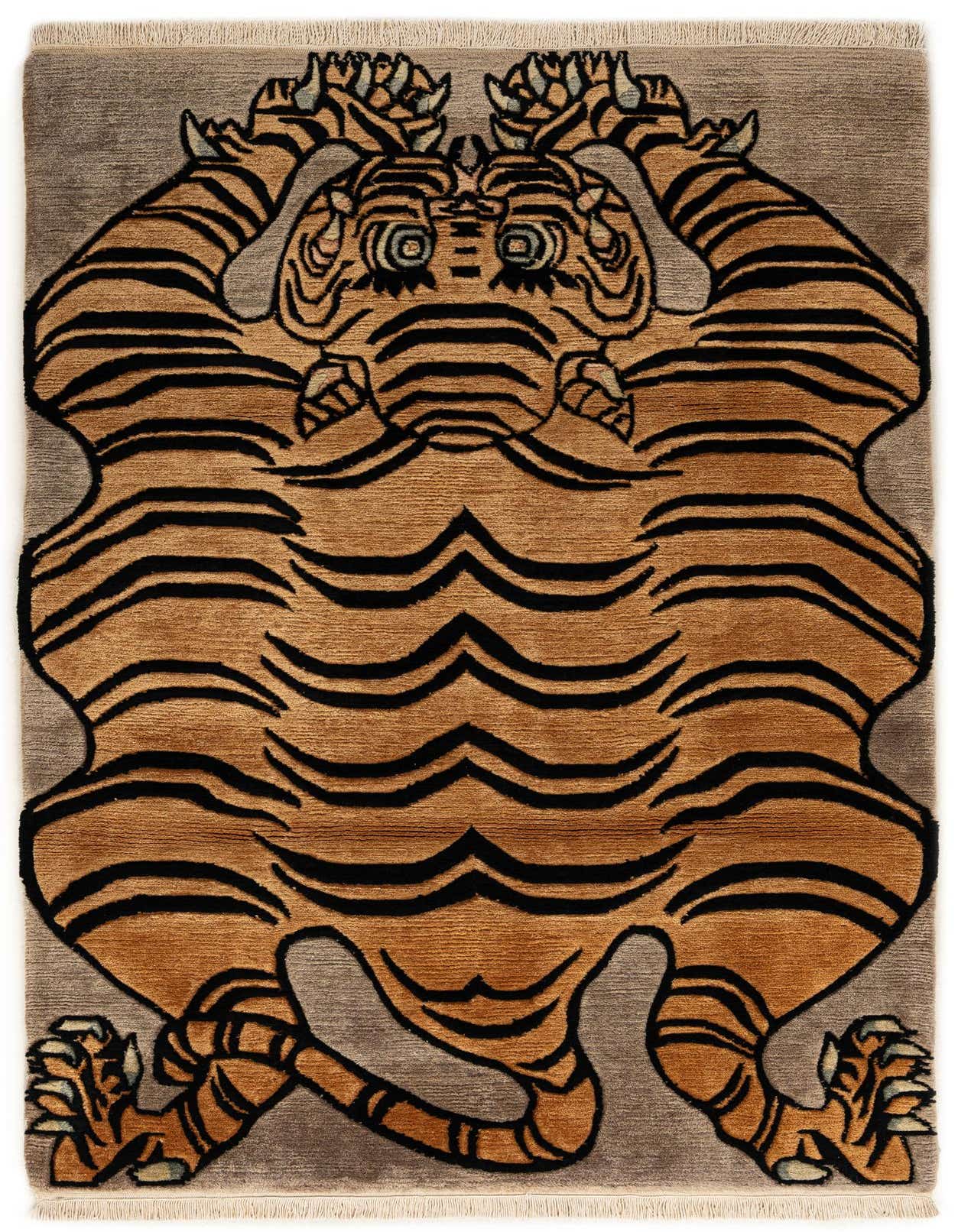 A 4x6 rectangular brown wool rug featuring a stylized, modern oriental tiger pattern in shades of tan and black.
