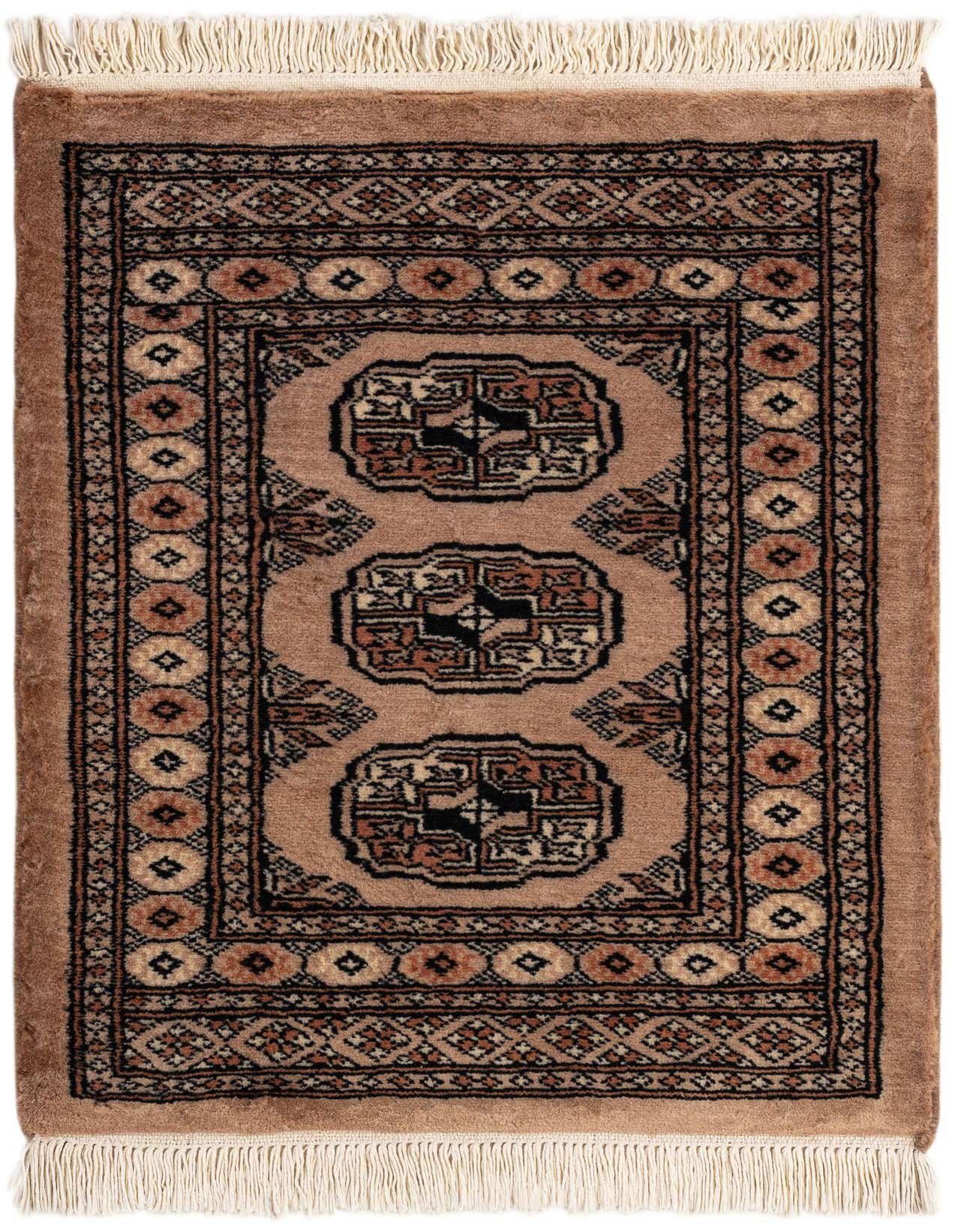A 2x3 rectangular Torkaman wool rug featuring traditional Persian patterns in shades of brown and tan, with fringe.