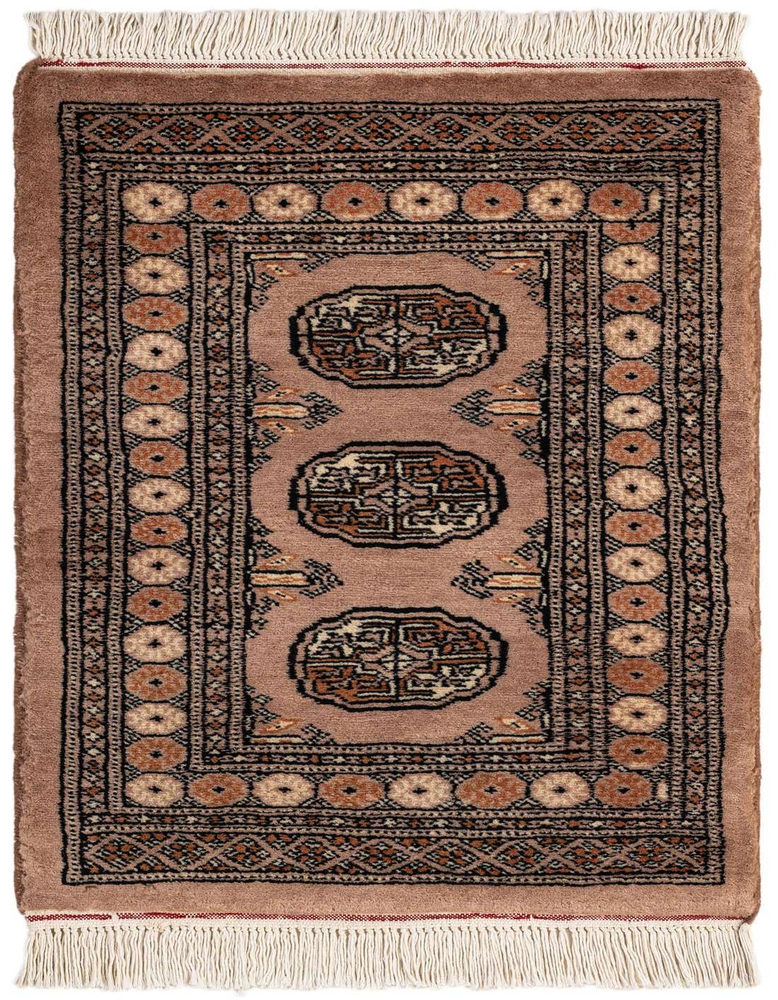 A 2x3 rectangular Torkaman rug featuring traditional Persian patterns in various shades of brown and tan, with fringe.