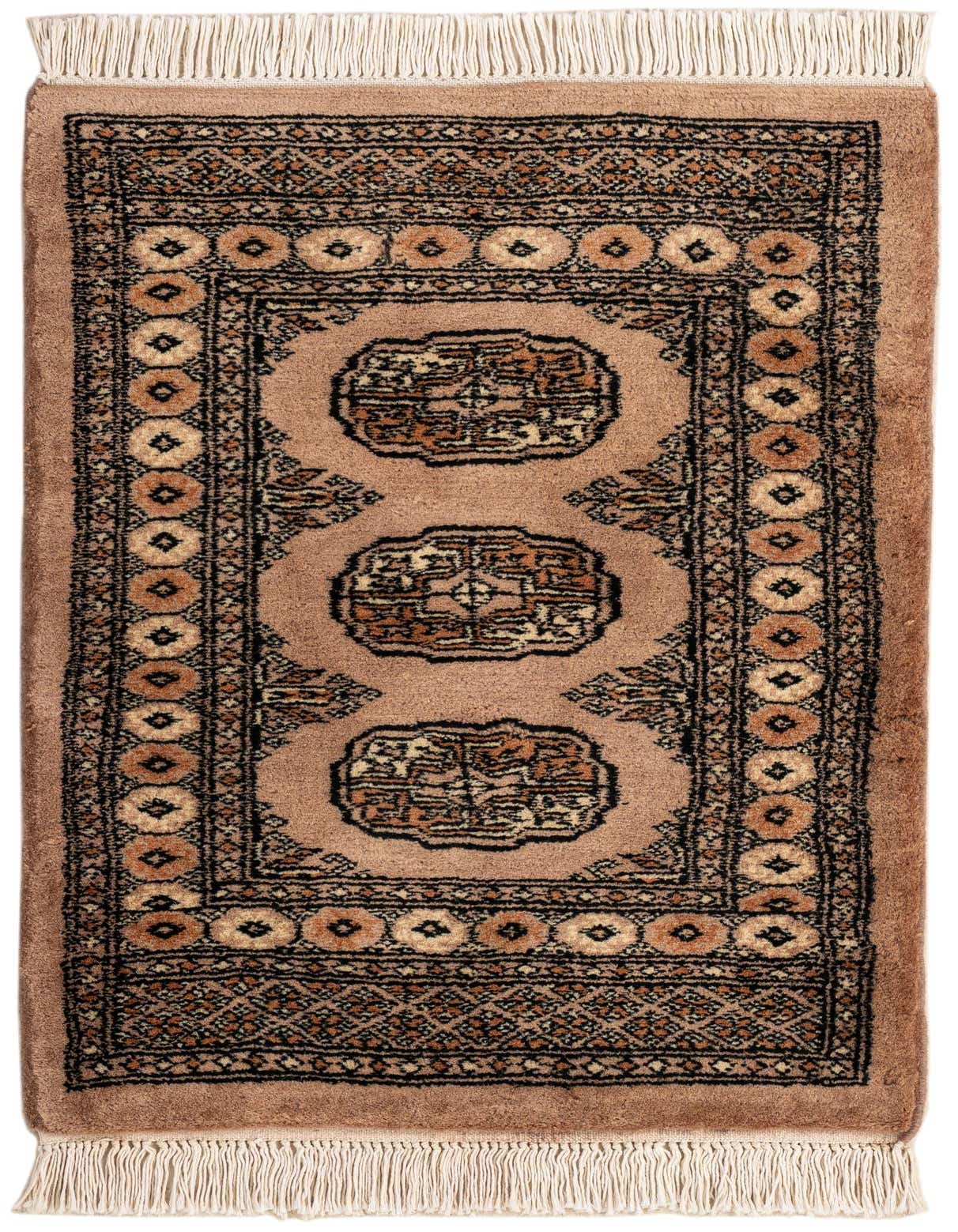 A 2x3 rectangular Torkaman wool rug featuring traditional Persian patterns in various shades of brown and tan, with fringe.
