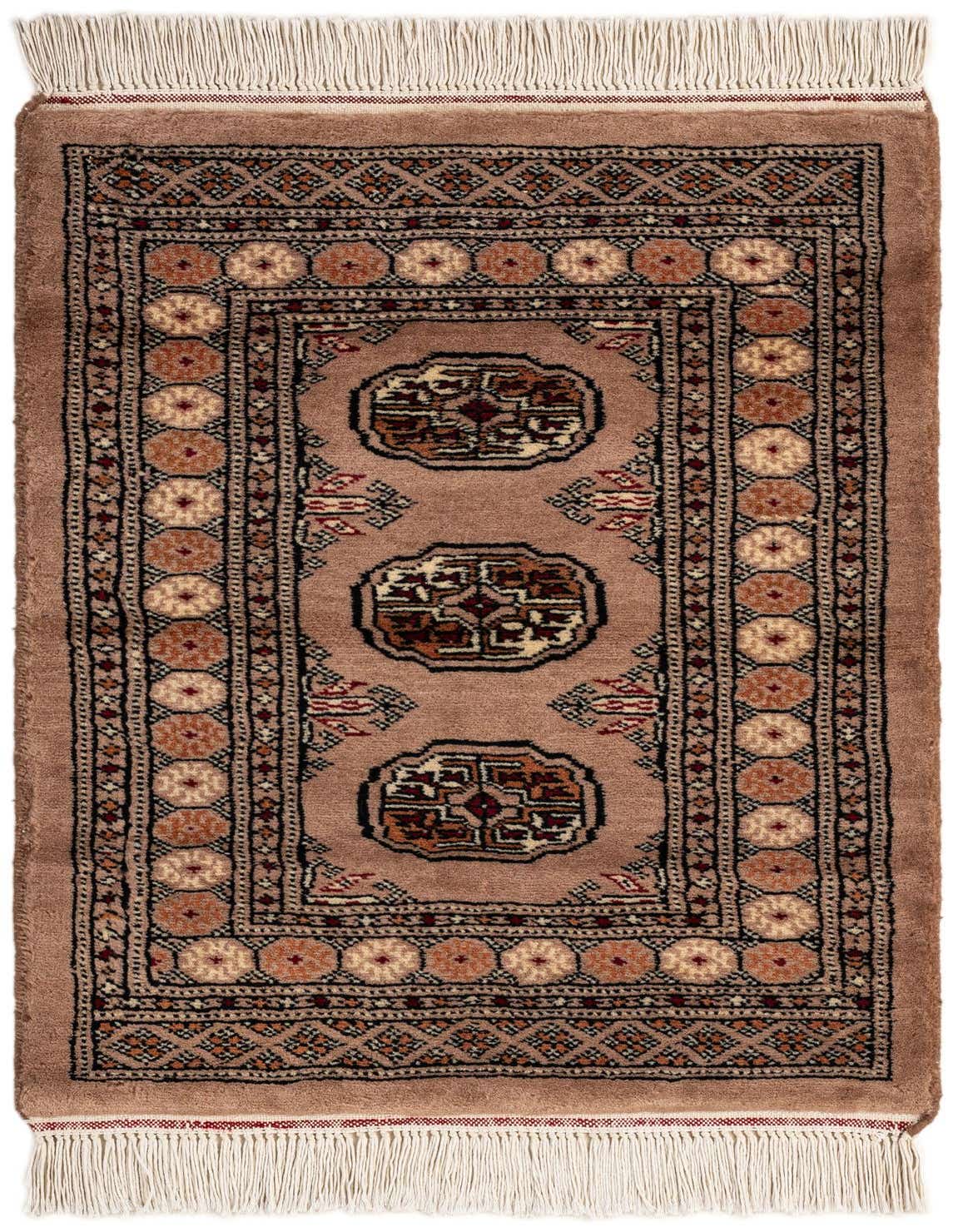 A 2x3 rectangular Torkaman wool rug featuring a traditional Persian pattern in browns and tans with fringe.