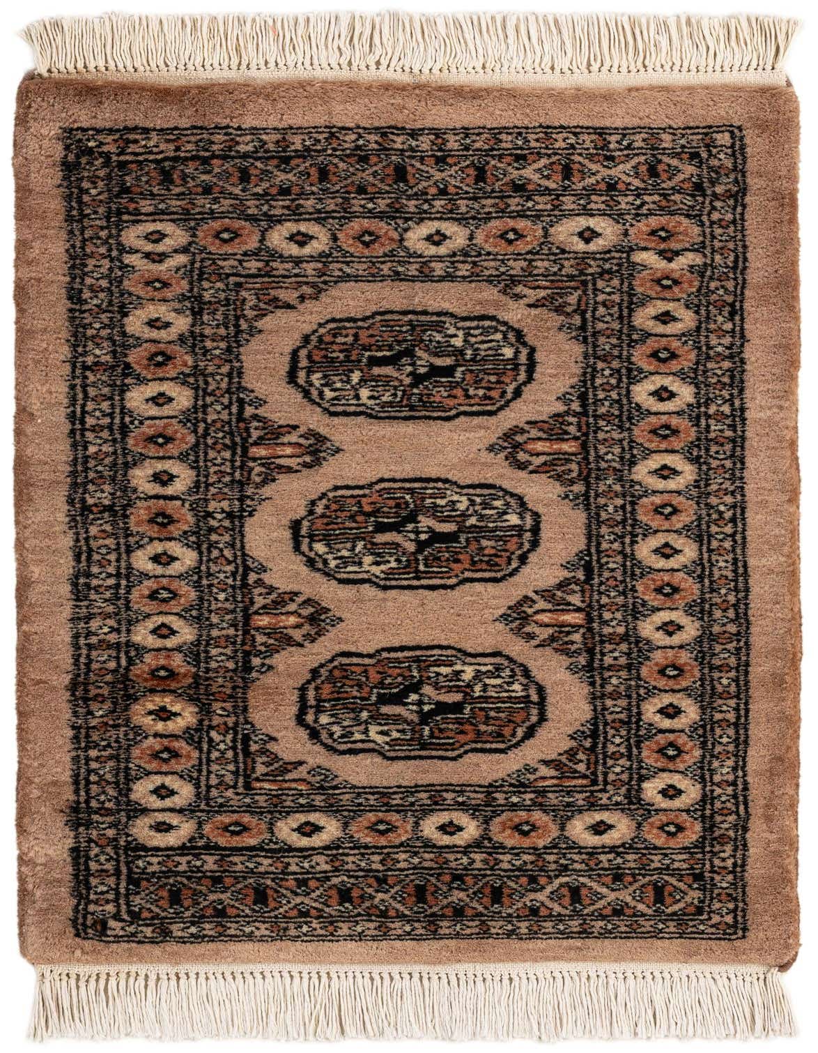 A 2x3 rectangular Torkaman wool rug featuring traditional Persian patterns in shades of brown and tan with fringe.
