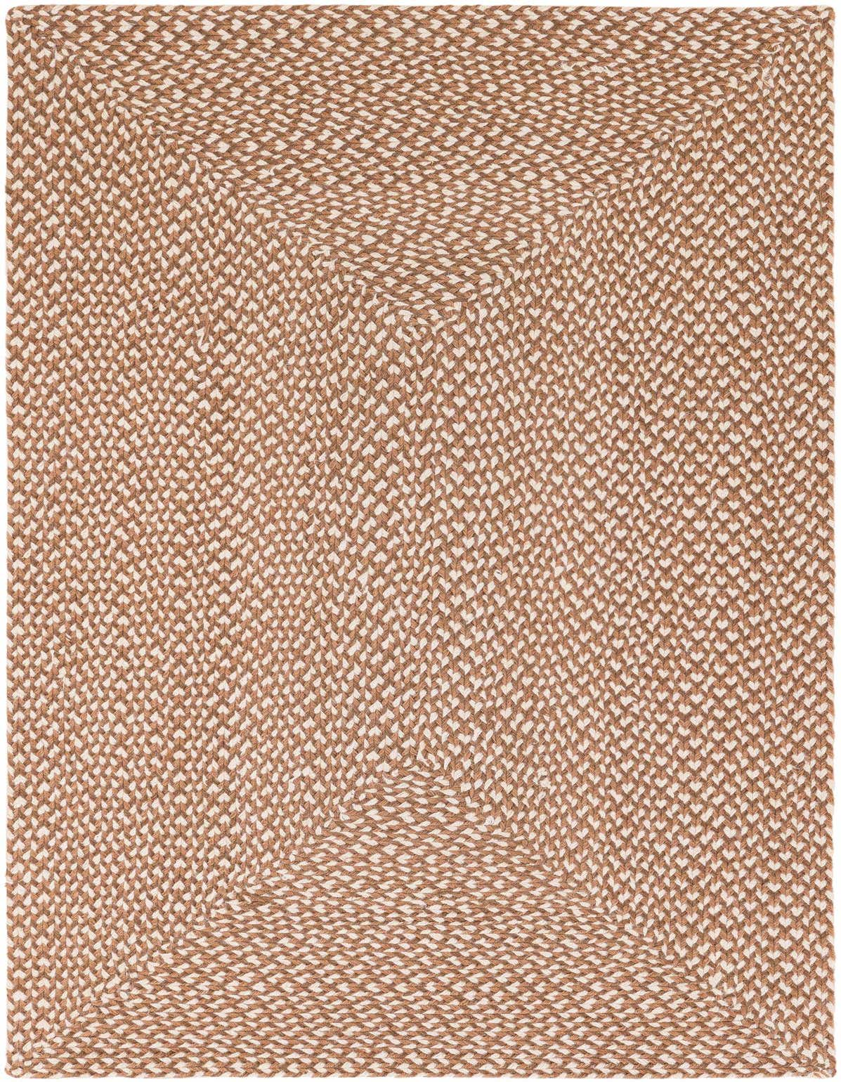 A 3x5 rectangular braided jute rug in varying shades of brown and tan, featuring a textured, woven pattern.