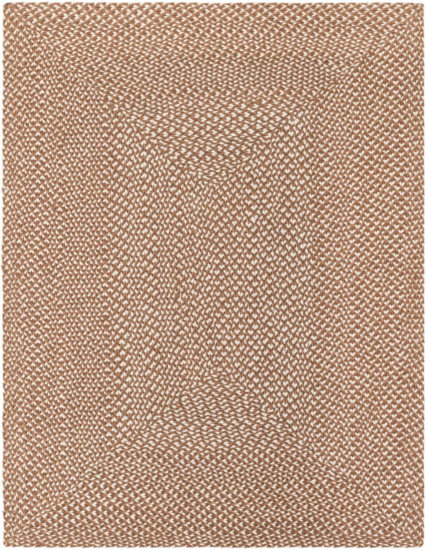 A 4x6 rectangular braided jute rug in shades of brown and tan, featuring a modern, textured pattern.