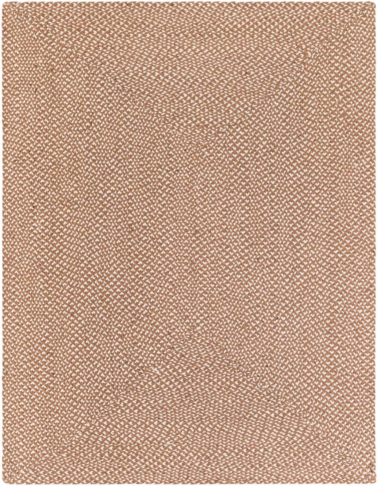 A 5x8 rectangular brown and tan braided jute rug with a modern, textured pattern, suitable for various indoor rooms.