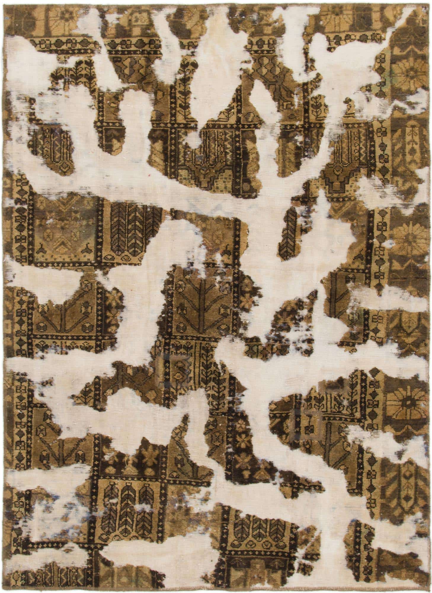 A rectangular 5x7 brown and tan wool rug with a distressed Persian and abstract pattern, ideal for indoor use.