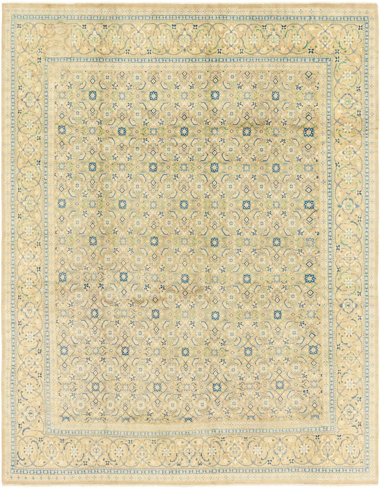 A 10x13 rectangular Ultra Vintage wool rug in browns and tans with a traditional Persian pattern.