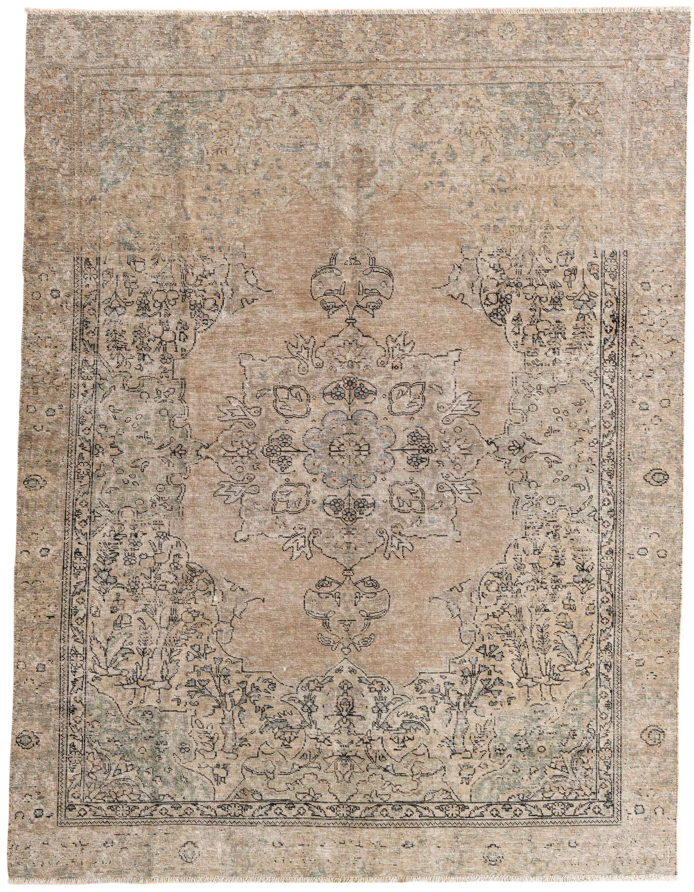 A 6x9 rectangular Ultra Vintage wool rug in browns and tans with a distressed Persian medallion pattern.