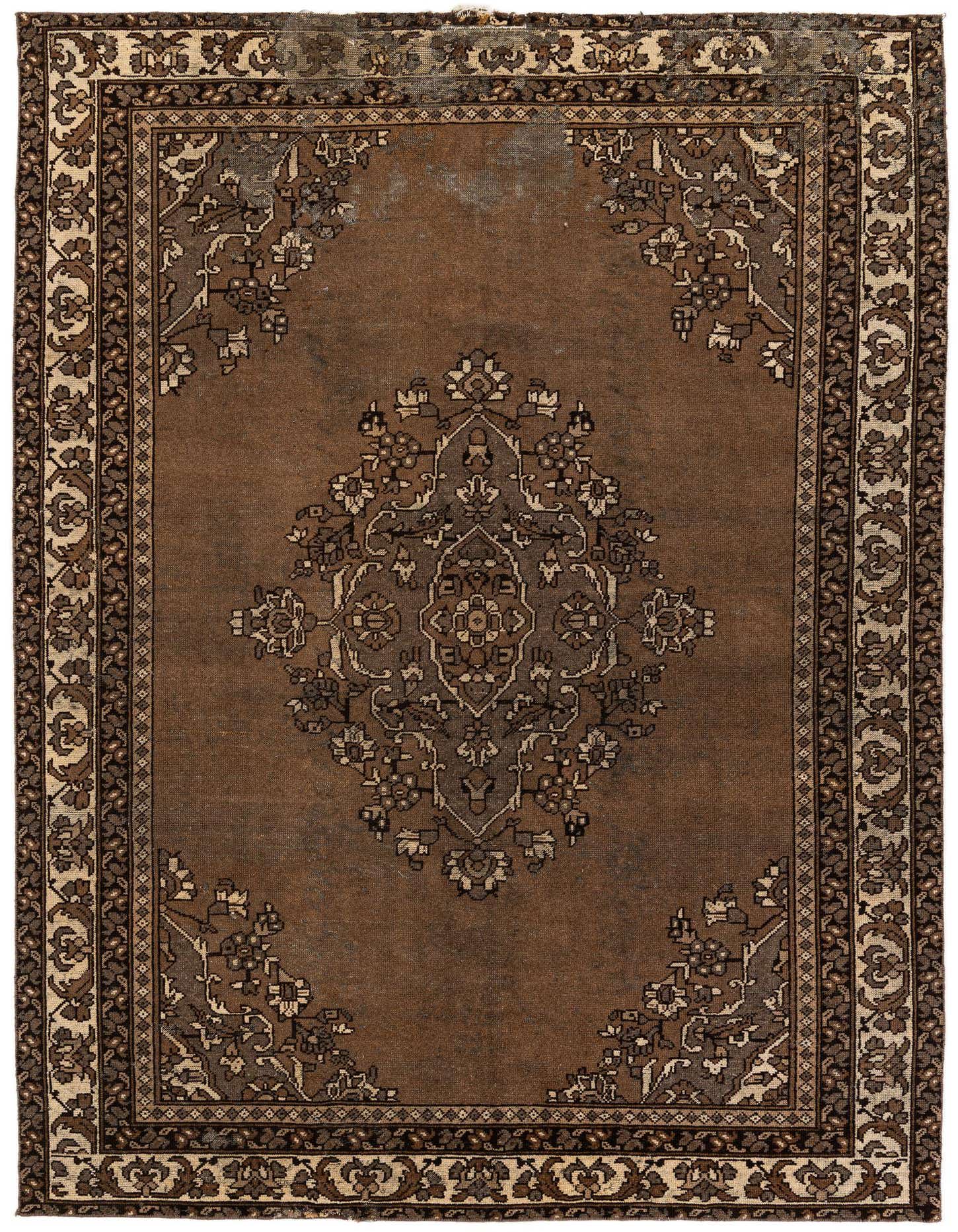 A 6x9 rectangular brown and tan Persian rug with a central medallion and ornate border, perfect for a living room.