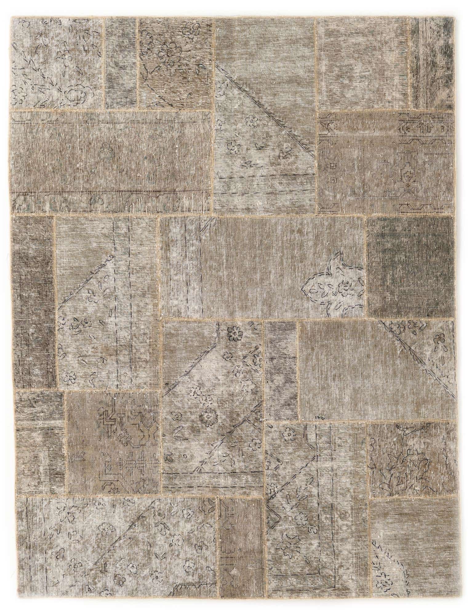 A 4x6 rectangular brown and tan patchwork rug with distressed Persian and abstract patterns, suitable for various indoor rooms.