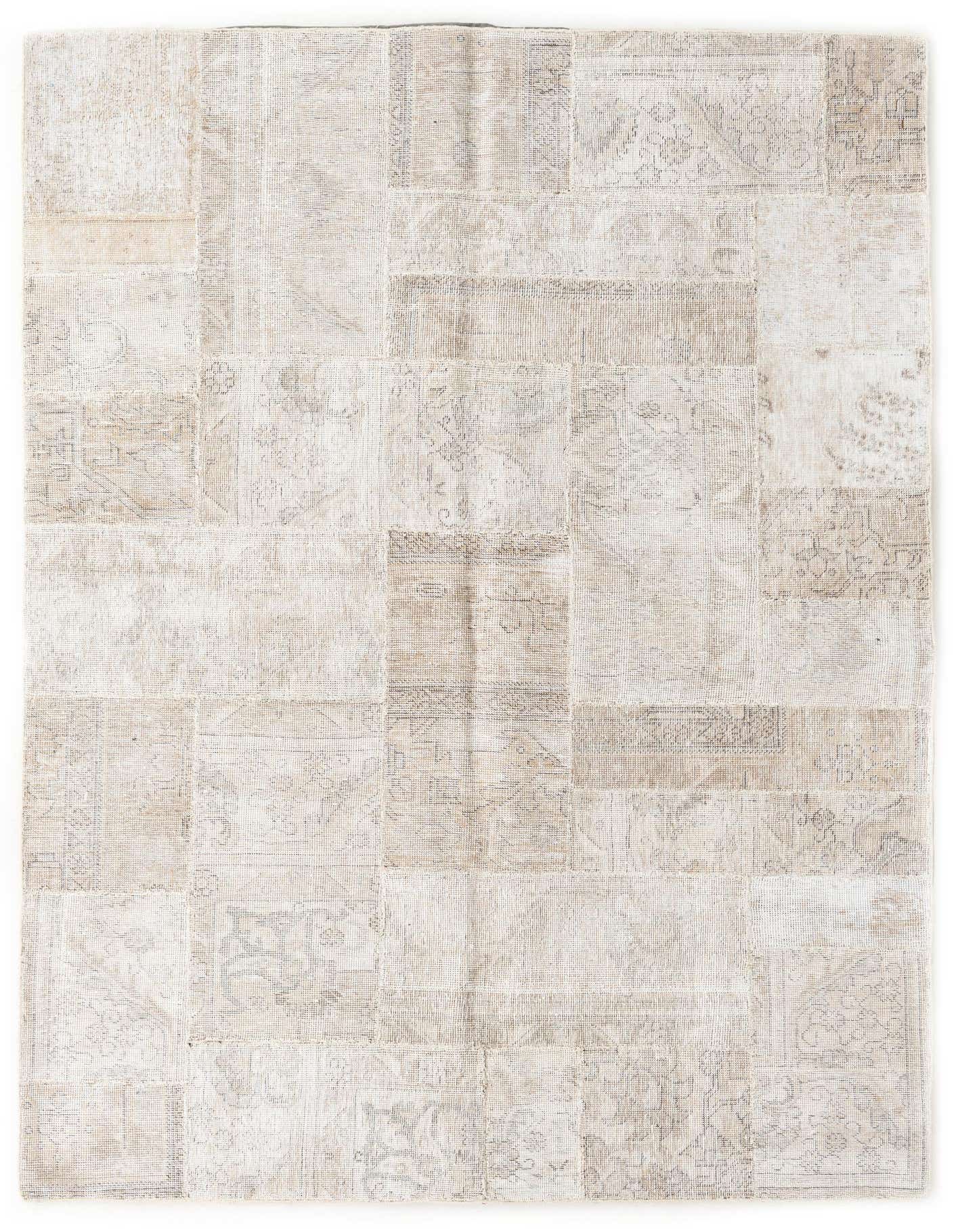 A 5x8 rectangular Ultra Vintage wool rug featuring a patchwork design in varying shades of brown and tan.