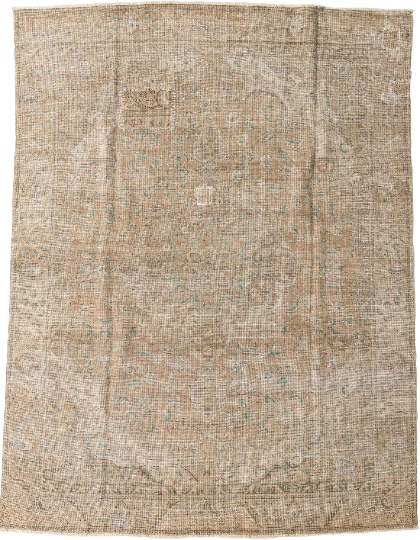 An 8x11 rectangular Ultra Vintage wool rug in shades of brown and tan, featuring a faded Persian medallion pattern.