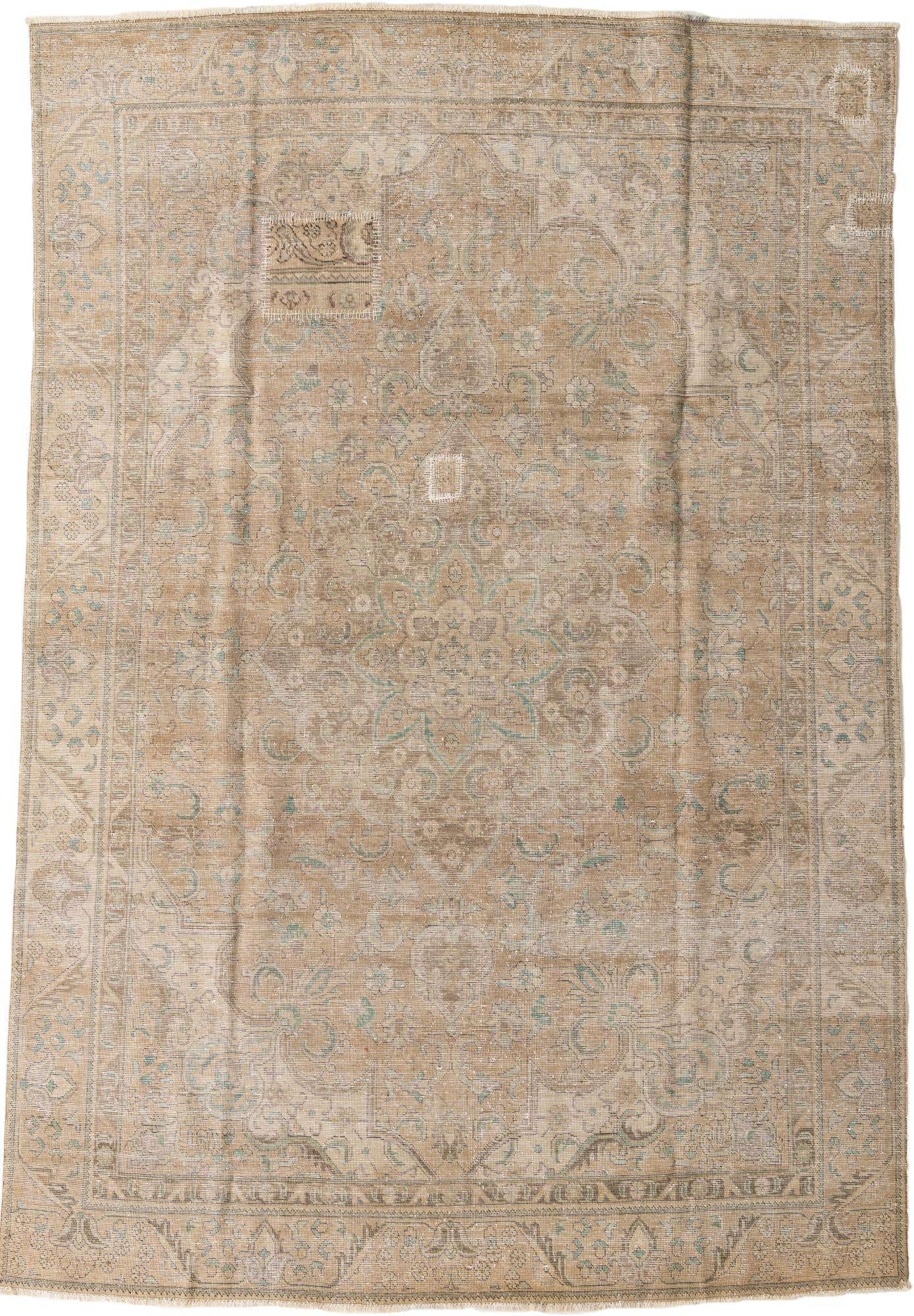 An 8x11 rectangular Ultra Vintage wool rug in shades of brown and tan, featuring a faded Persian medallion pattern.