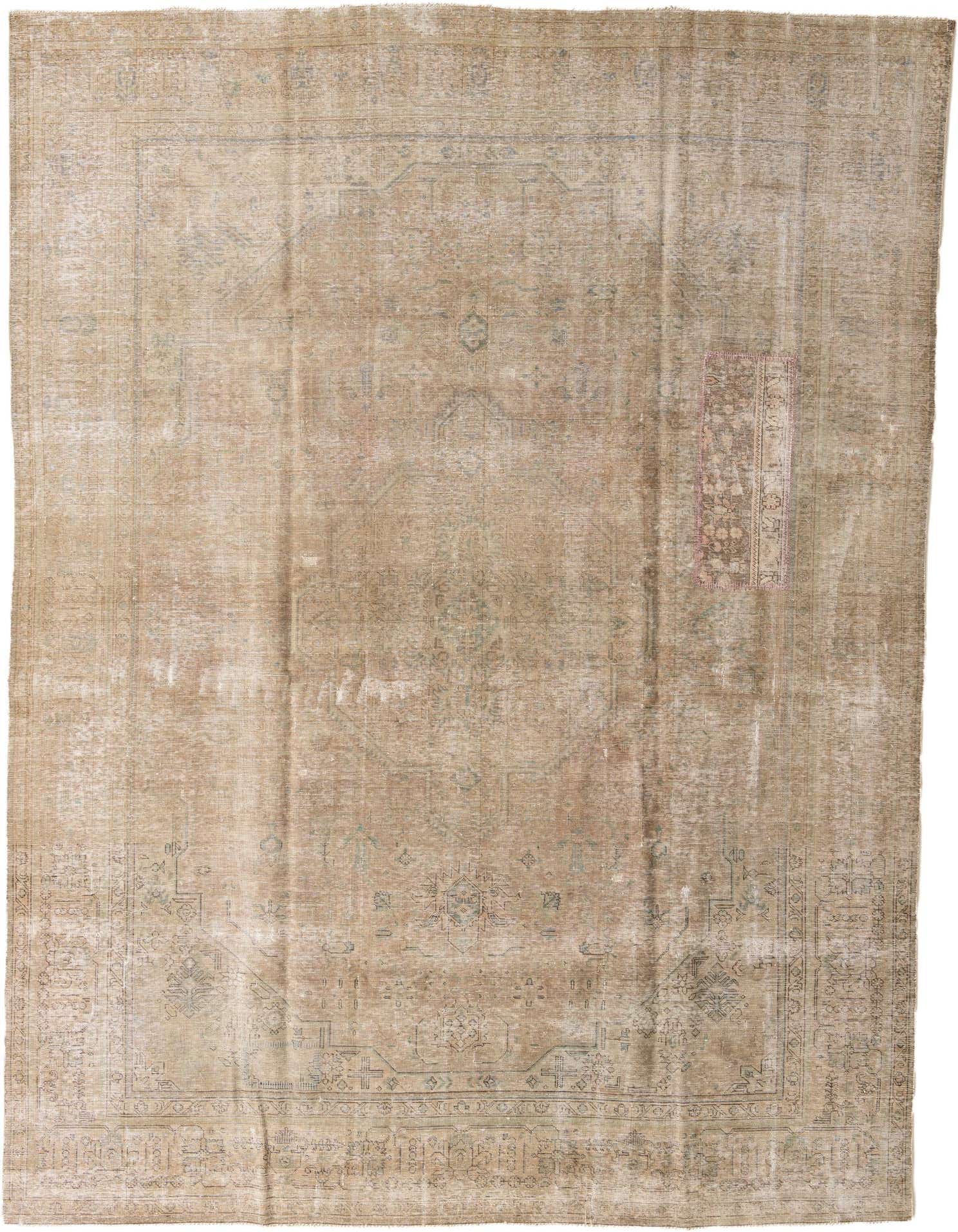 A large 9x12 rectangular Ultra Vintage wool rug in shades of brown and tan with a faded Persian pattern.