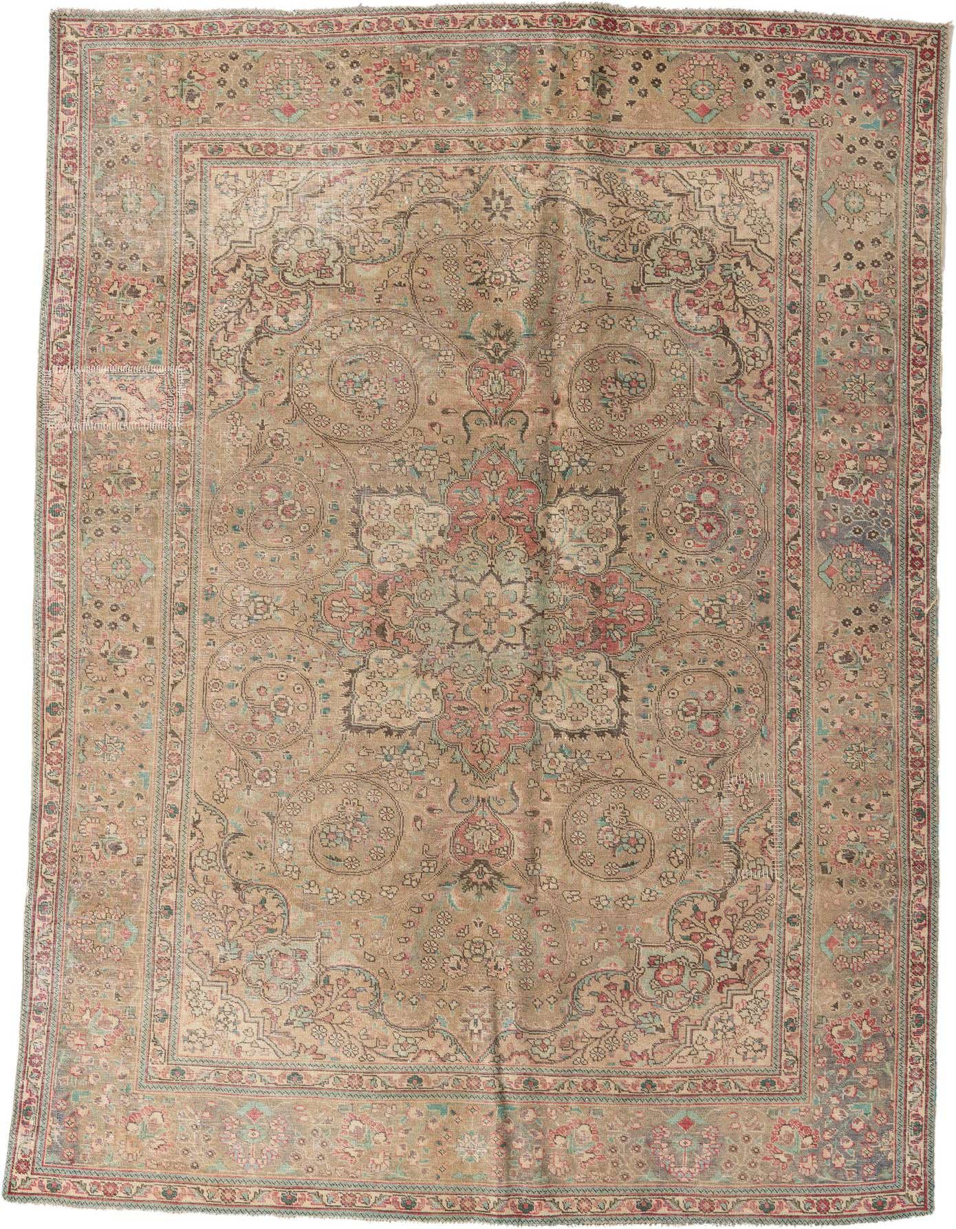 A 7x10 rectangular Ultra Vintage rug with a faded brown and tan Persian medallion pattern, featuring hints of red and teal.