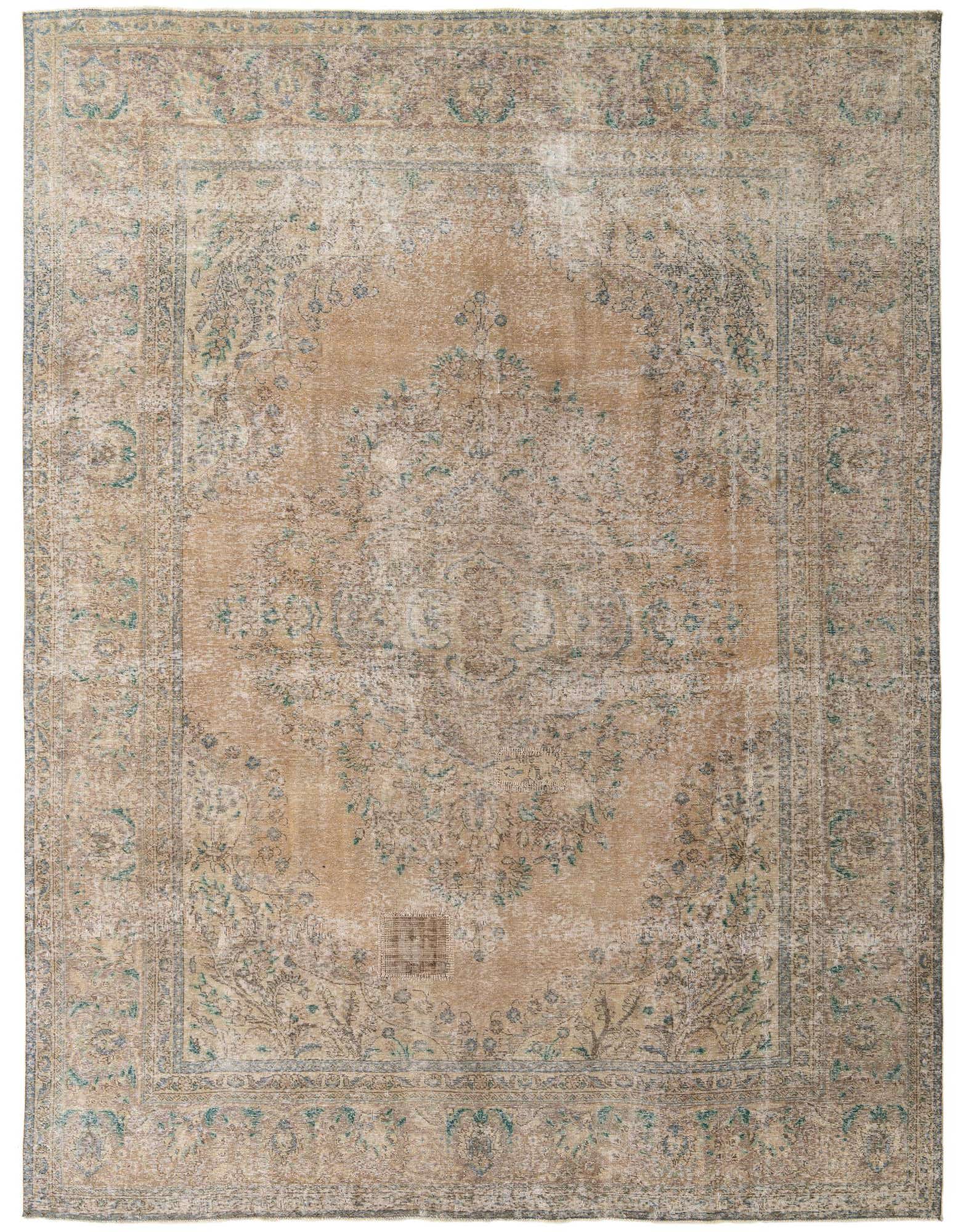 A 10x13 rectangular Ultra Vintage Persian rug in shades of brown and tan, featuring a distressed floral pattern and border.