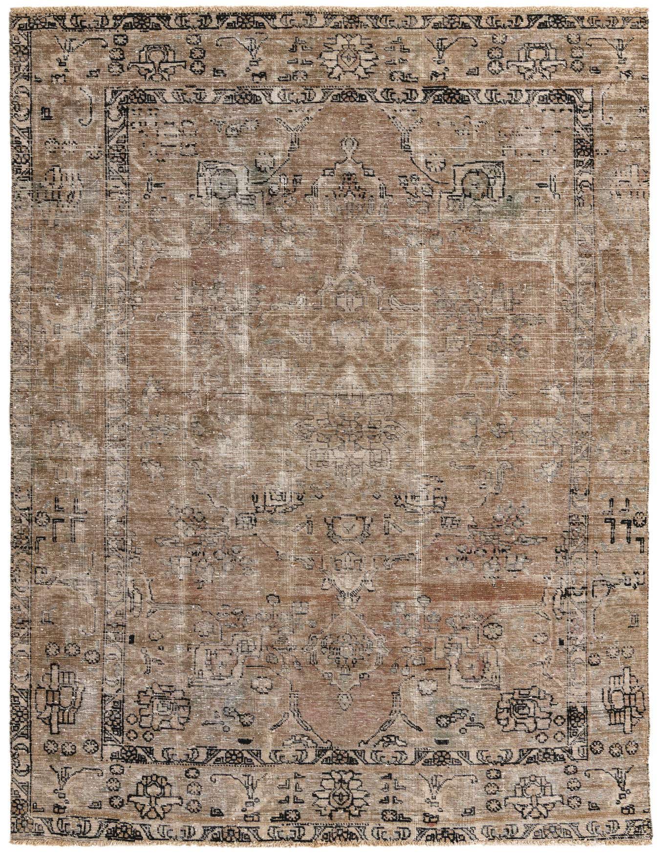 A 6x9 rectangular brown and tan Persian-style rug with an abstract, distressed vintage pattern and black accents.