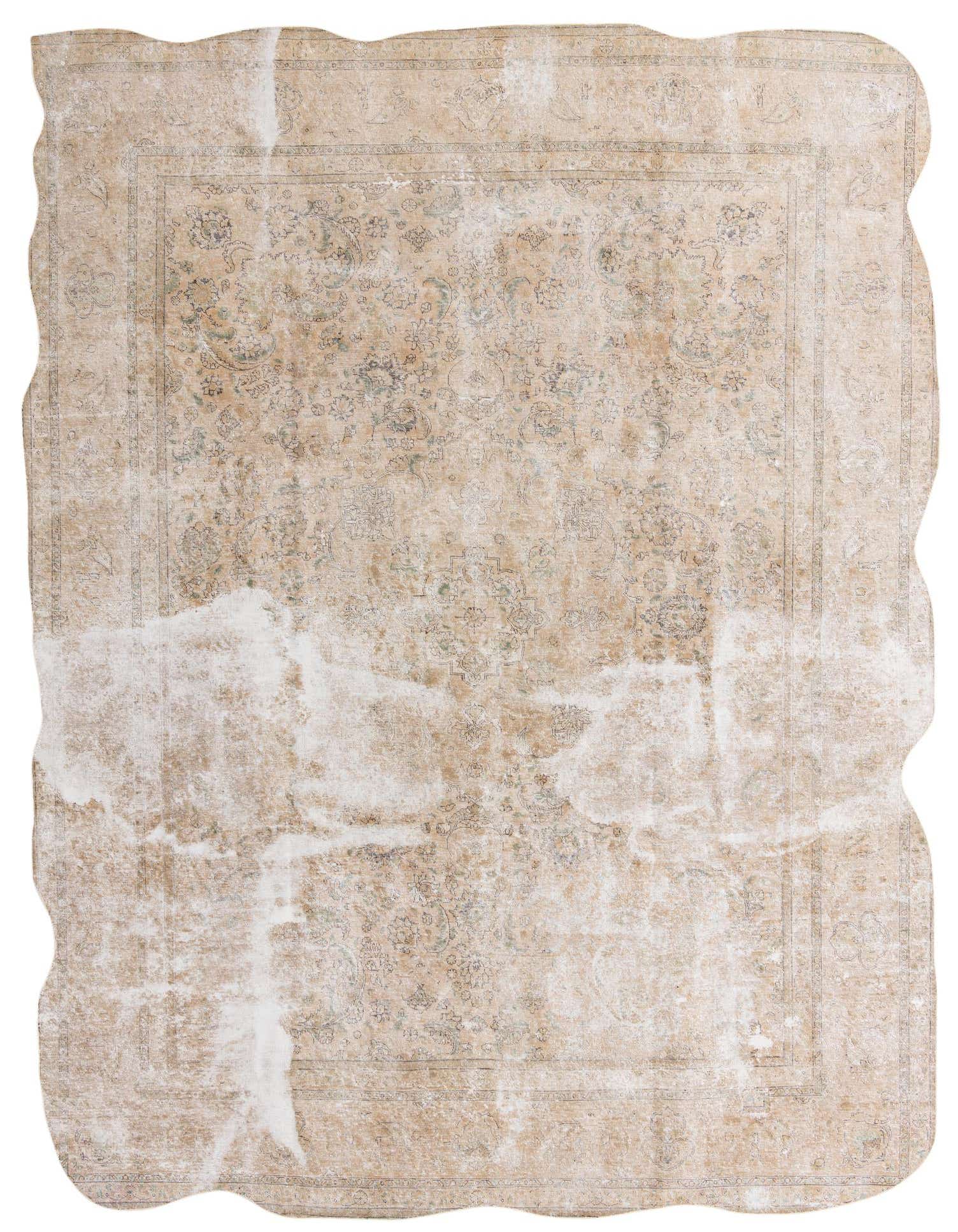 A 10x13 rectangular brown and tan Persian-style wool rug with a distressed floral pattern.