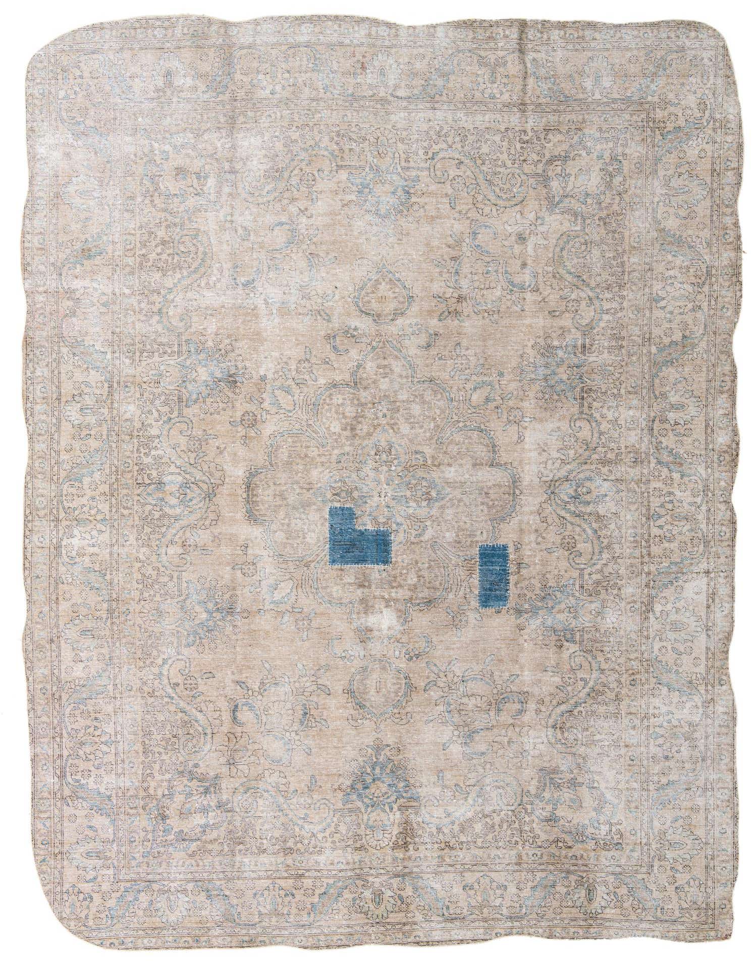 A 10x13 rectangular brown and tan Persian-style rug with a faded medallion pattern and subtle blue accents.