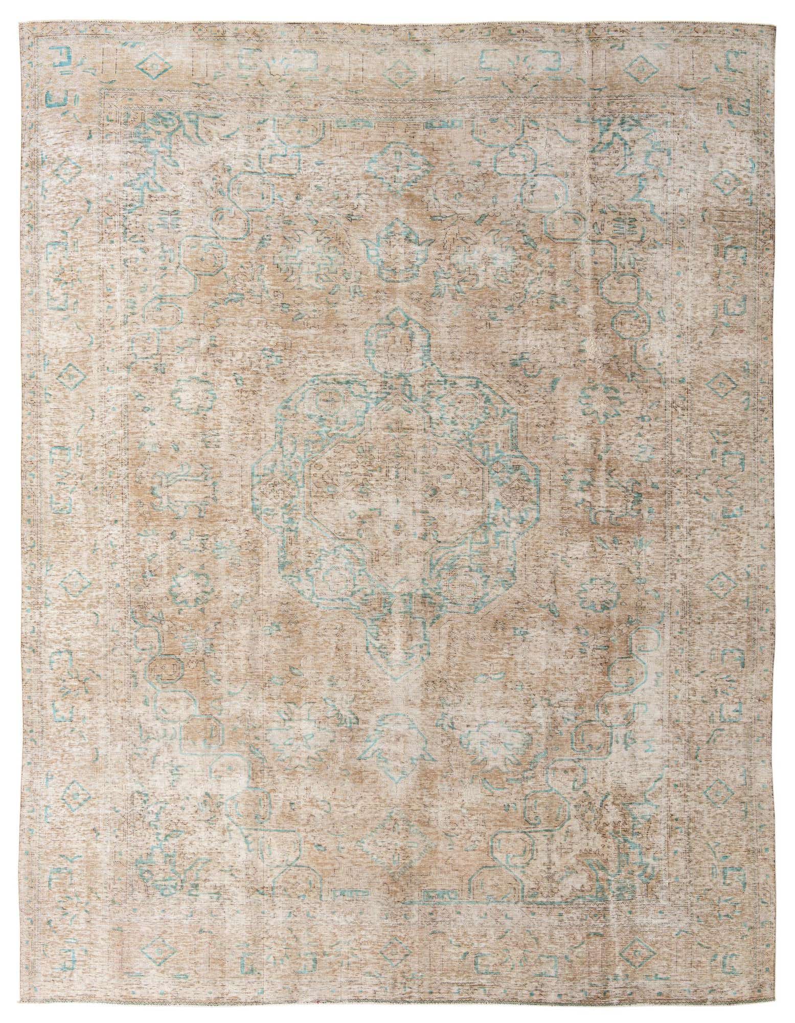 A 10x13 rectangular brown and tan Persian-style wool rug with a faded teal medallion pattern.