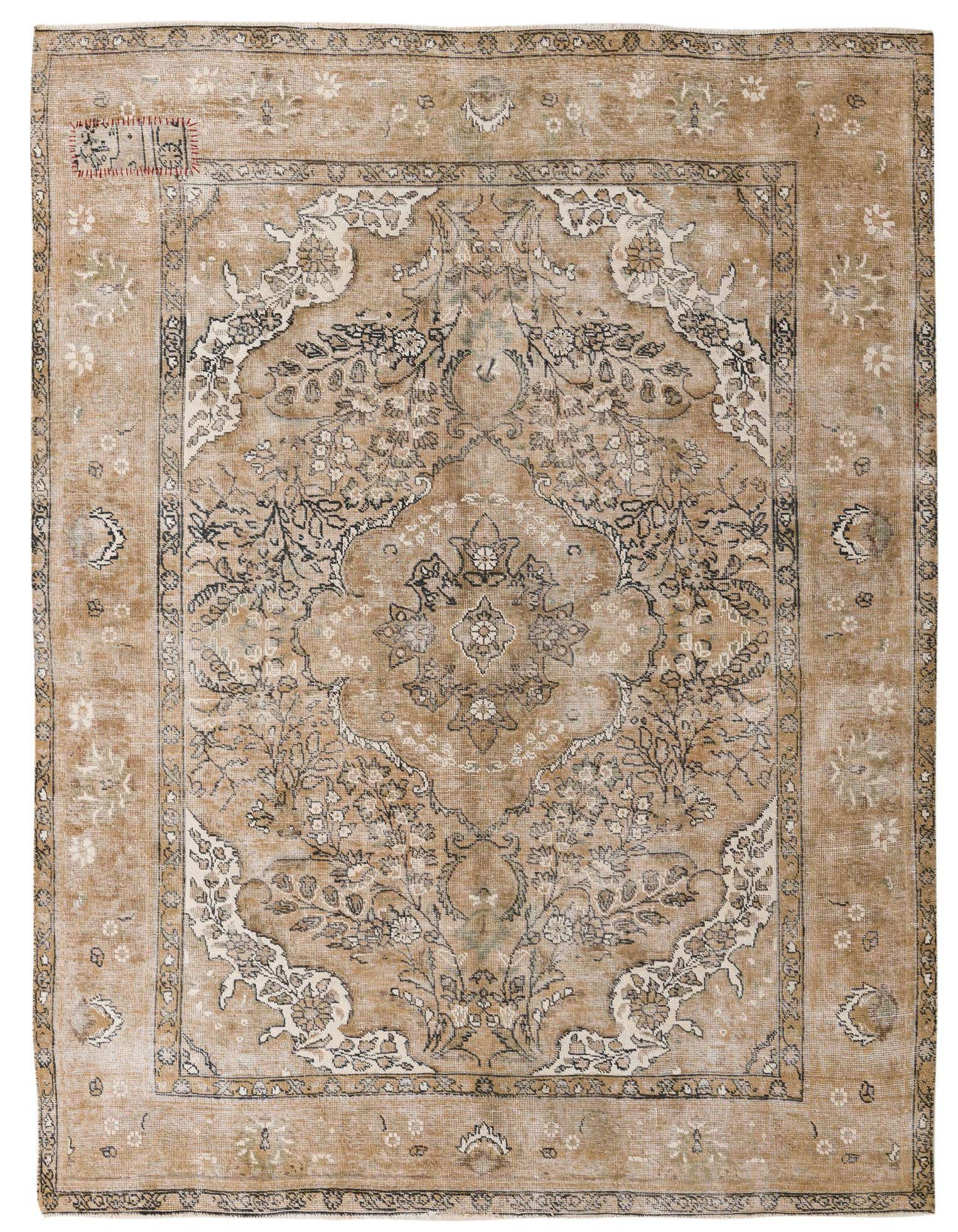 A 7x10 rectangular brown and tan Persian-style wool rug with a distressed medallion pattern, ideal for a living room.