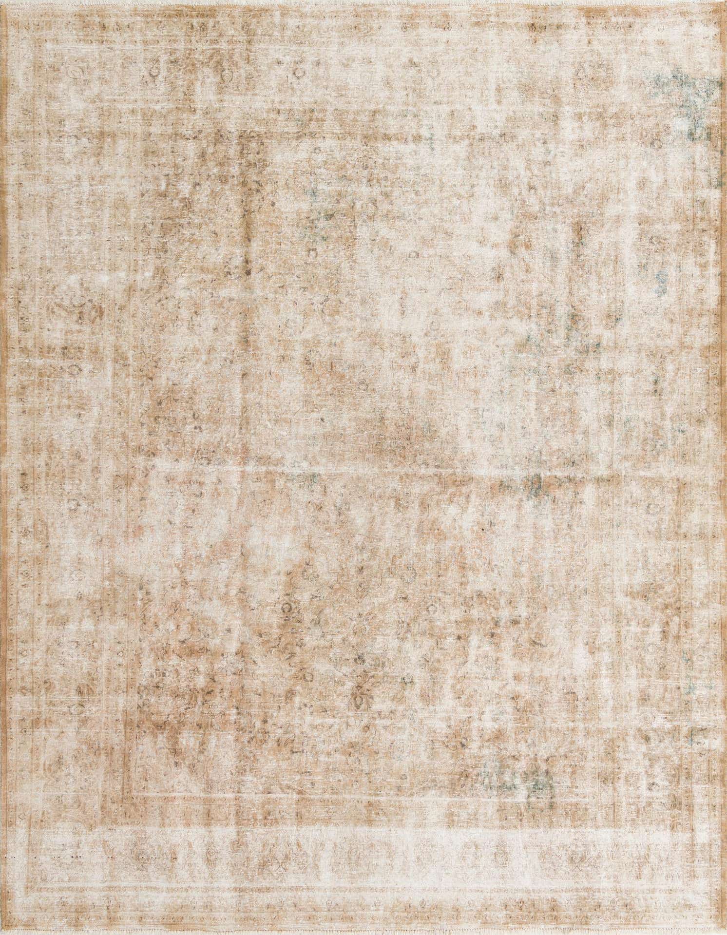 A 10x13 rectangular Rugs.com Ultra Vintage rug in distressed browns and tans with a subtle Persian medallion pattern, suitable for a living room.