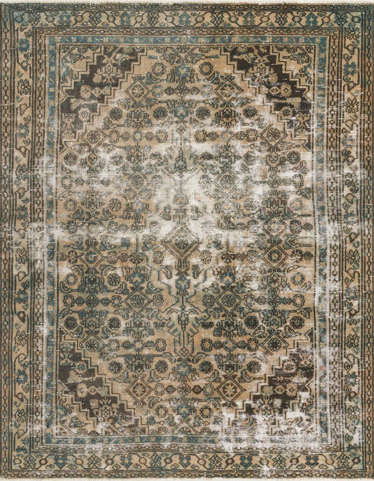 A 6x9 rectangular Ultra Vintage wool rug in browns and tans with a distressed Persian medallion pattern.
