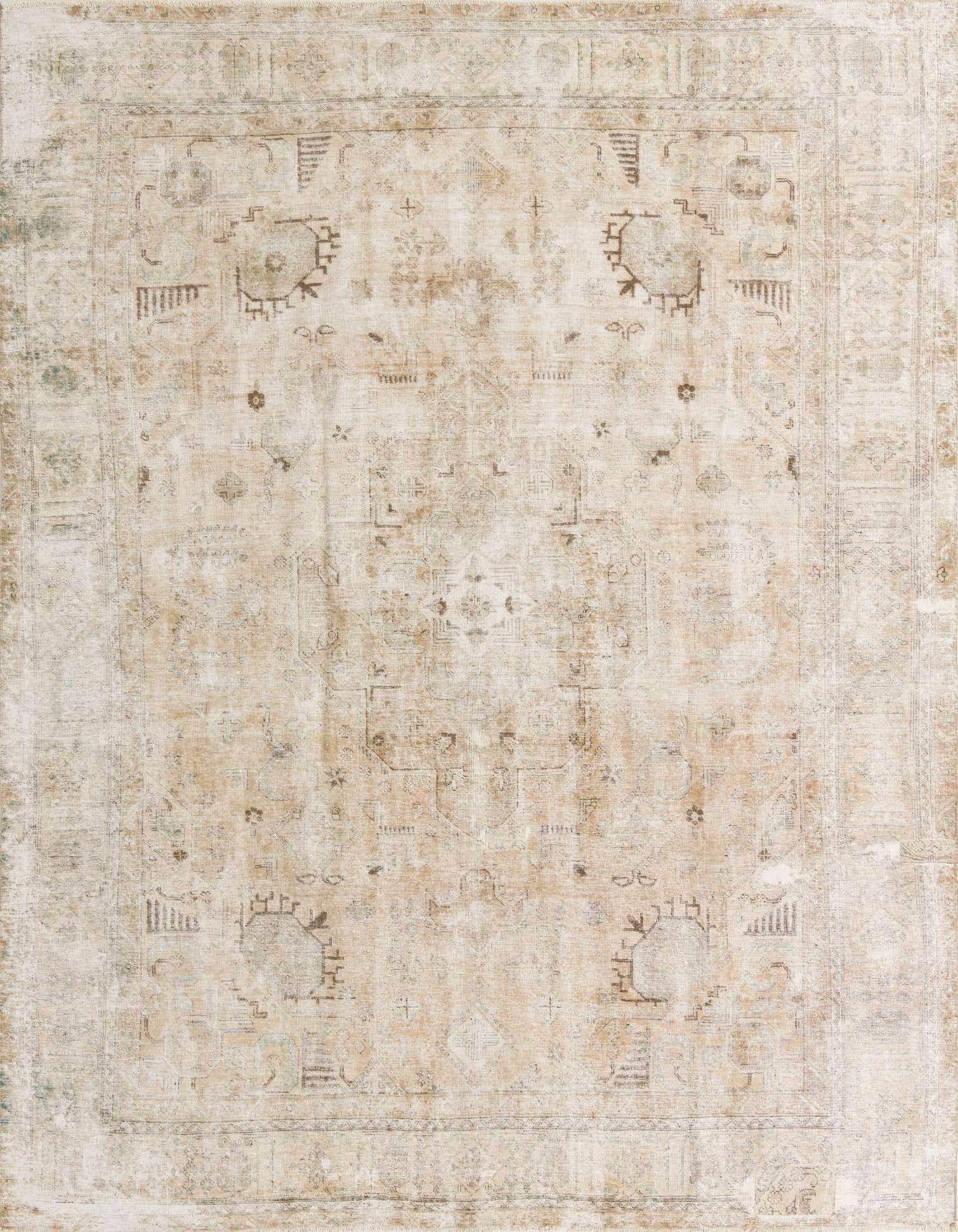 A 10x13 rectangular indoor rug featuring a distressed Persian medallion pattern in shades of brown and tan.