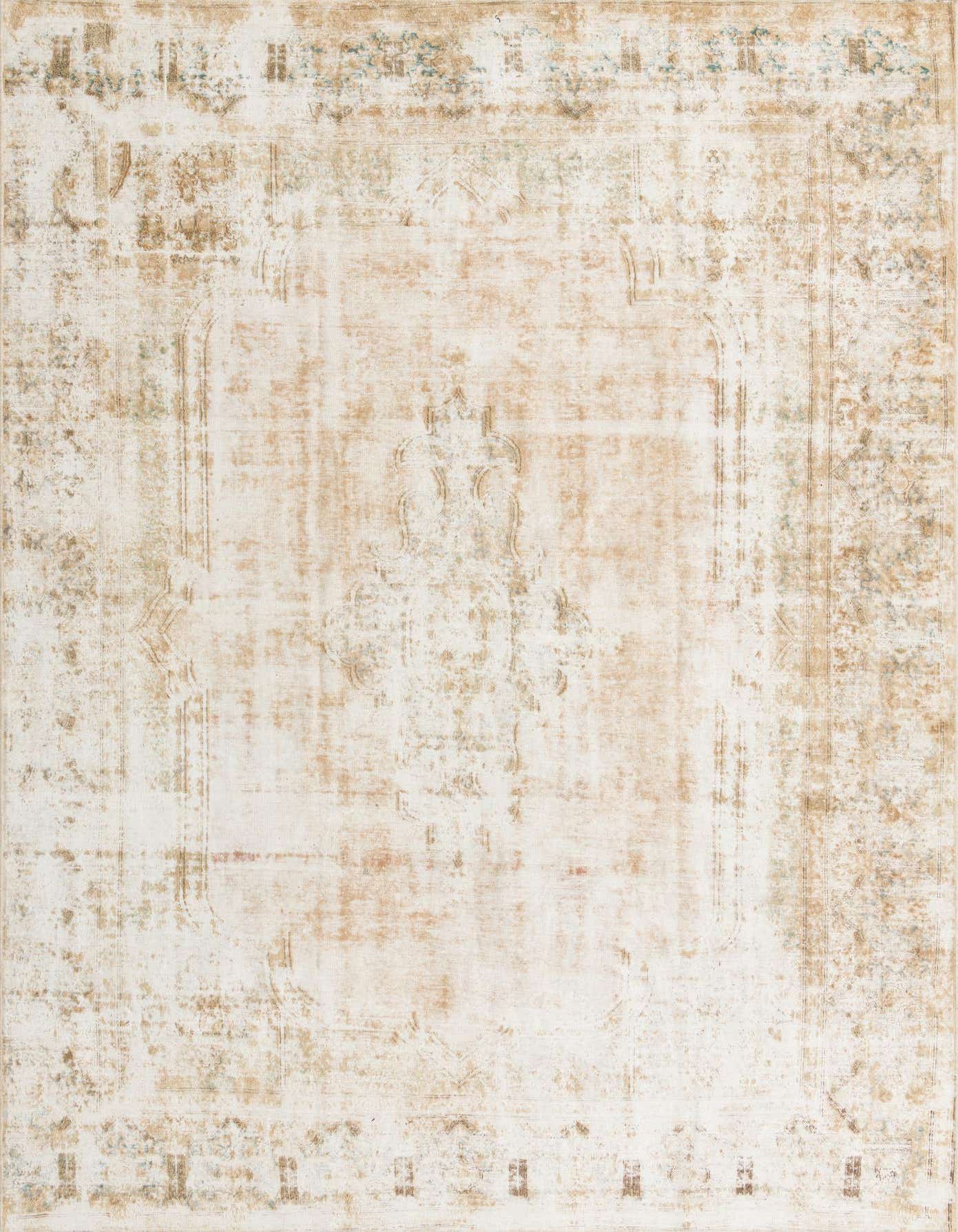 A large 9x12 rectangular Rugs.com Ultra Vintage wool rug featuring a distressed brown and tan Persian medallion pattern.