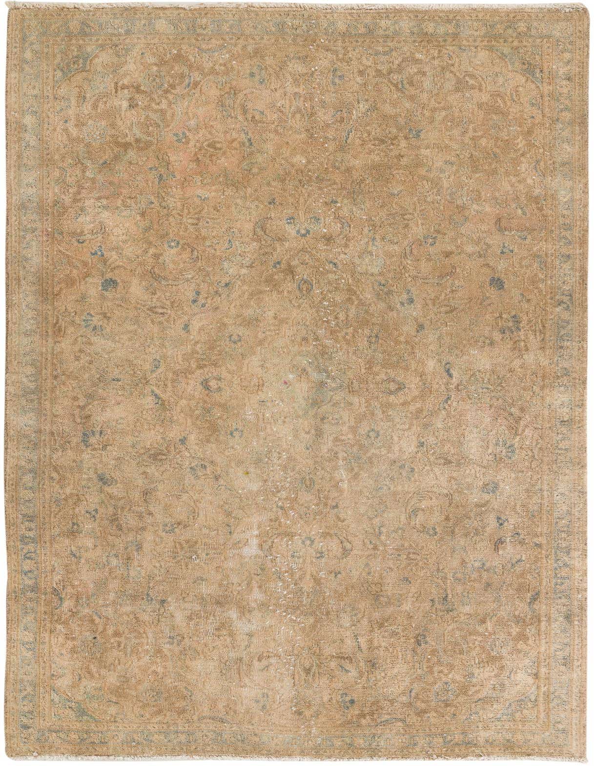 A rectangular 5x8 brown and tan Persian rug with a faded medallion pattern and subtle blue accents.