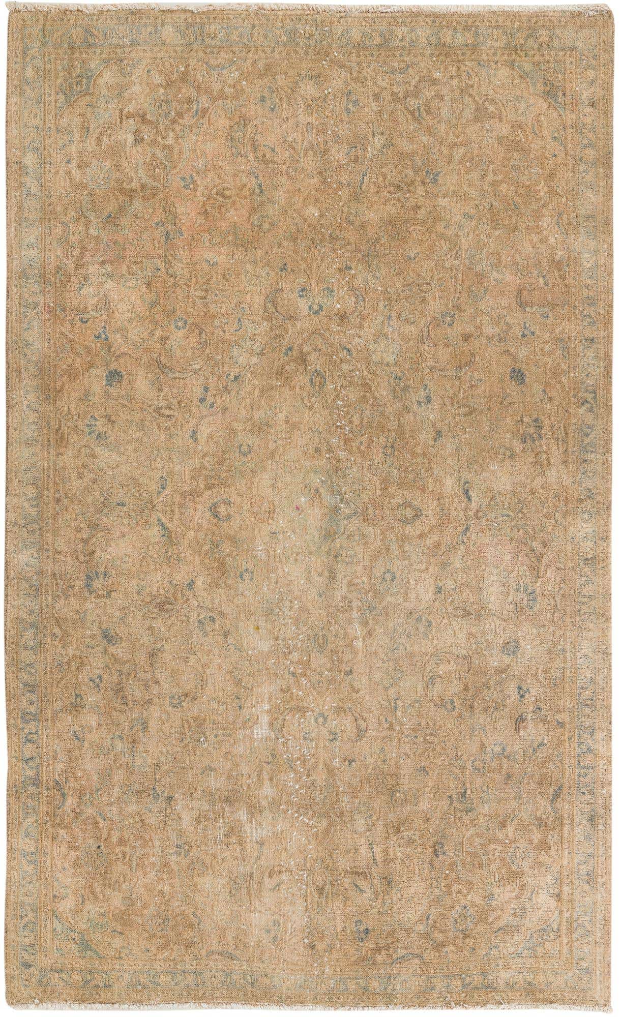 A rectangular 5x8 brown and tan Persian rug with a faded medallion pattern and subtle blue accents.