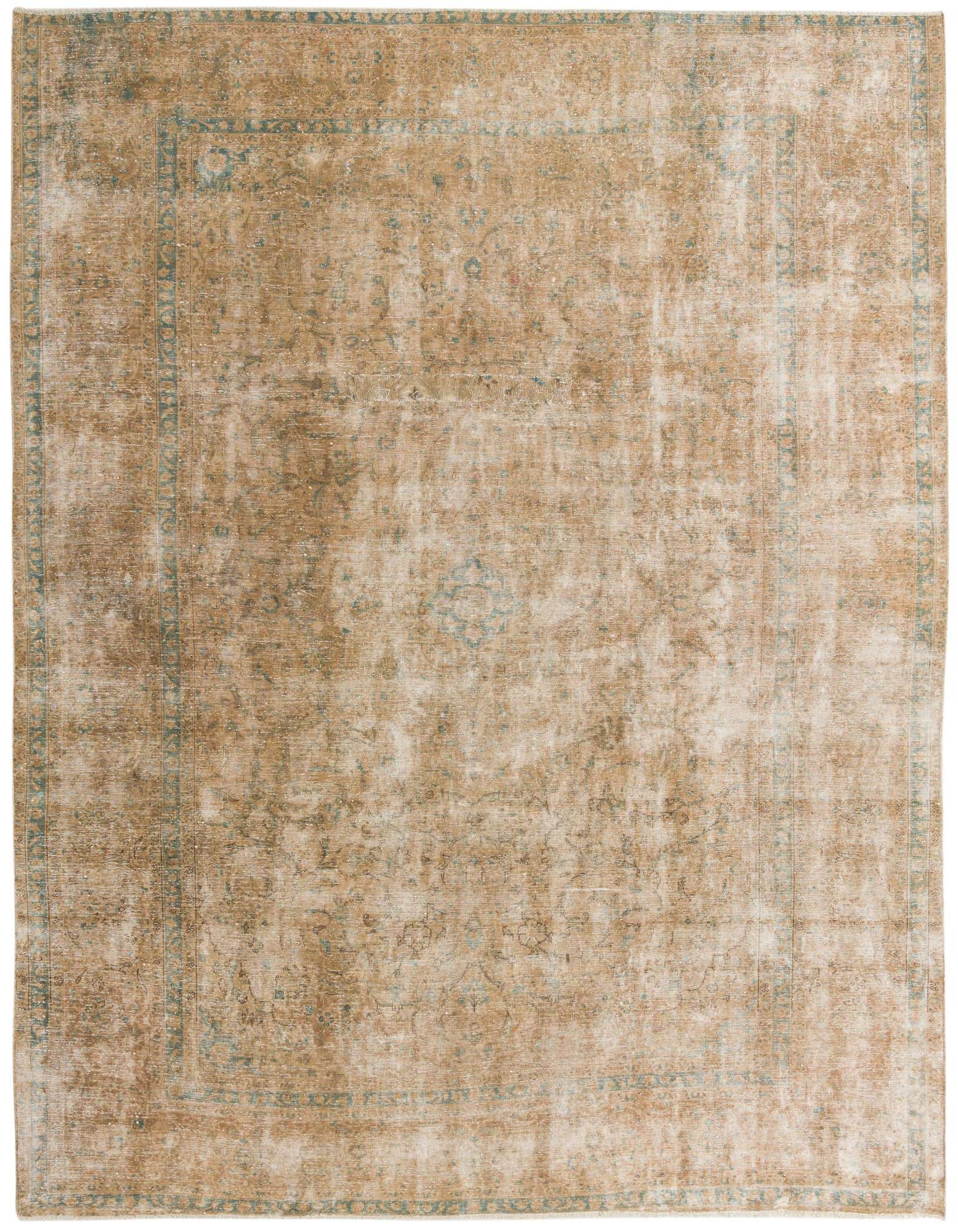 A 10x12 rectangular Ultra Vintage rug in distressed brown and tan with subtle teal Persian medallion patterns.